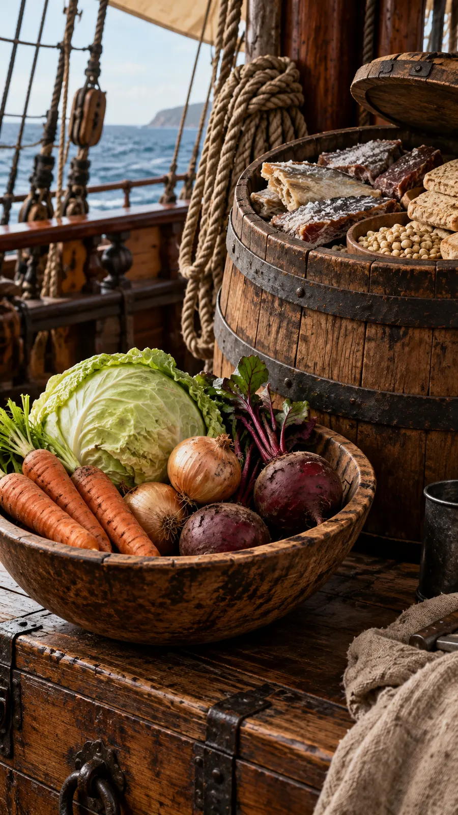AI-generated historical-inspired food still life with vegetables and ship provisions; not documentary. Origin: OpenAI image generation, 2026-10-25.