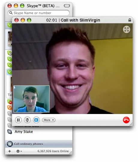 Documentary screenshot of a Skype video call, dated 2008. Source: https://commons.wikimedia.org/wiki/File:Video-call.jpg. The uploader released it into the public domain; unchanged. It documents a later real-world example, not a film scene.
