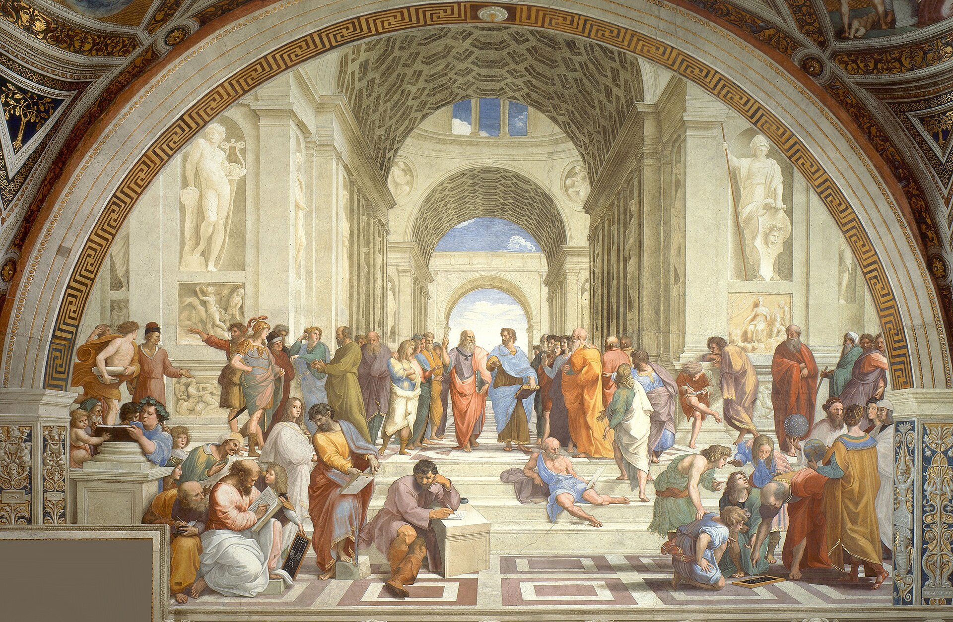 Raphael, *The School of Athens* (fresco, c. 1509–1511); faithful reproduction of a public-domain work. Wikimedia Commons file page: https://commons.wikimedia.org/wiki/File:Raphael_School_of_Athens.jpg. Creator Raphael; Public Domain Mark 1.0 per file page.
