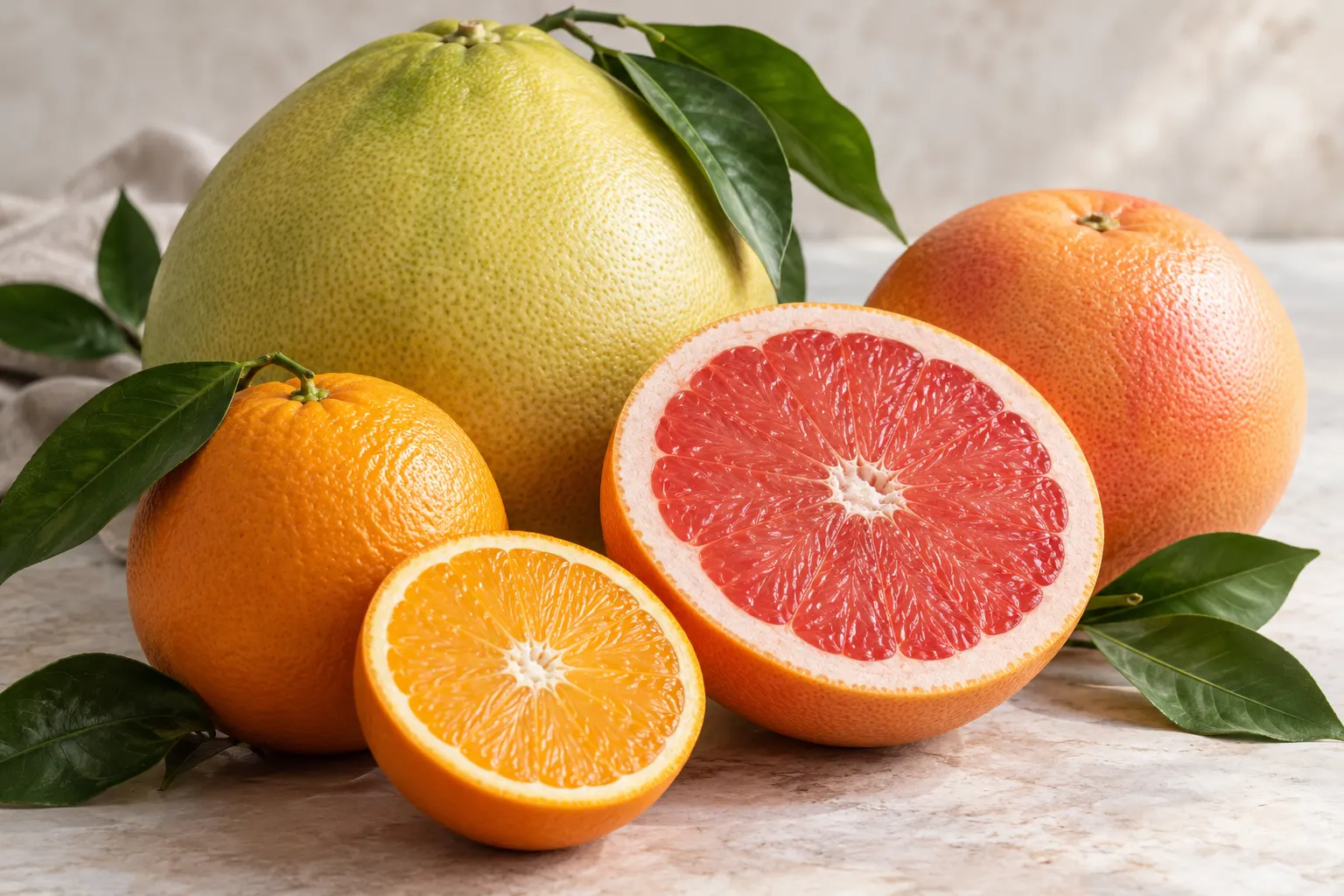 AI-generated cover with pomelo, orange, and grapefruit. Origin: OpenAI image generation; generated 2026-10-28. Prompt: Photorealistic editorial food photograph for a science article cover: whole pomelo, orange and grapefruit arranged on a light neutral table with a few green citrus leaves, one grapefruit cut open to show ruby-pink flesh, soft natural daylight, realistic varied citrus textures, no text, labels, logos, watermark, or collage. Illustration only; it does not depict a specific cultivar or prove ancestry.
