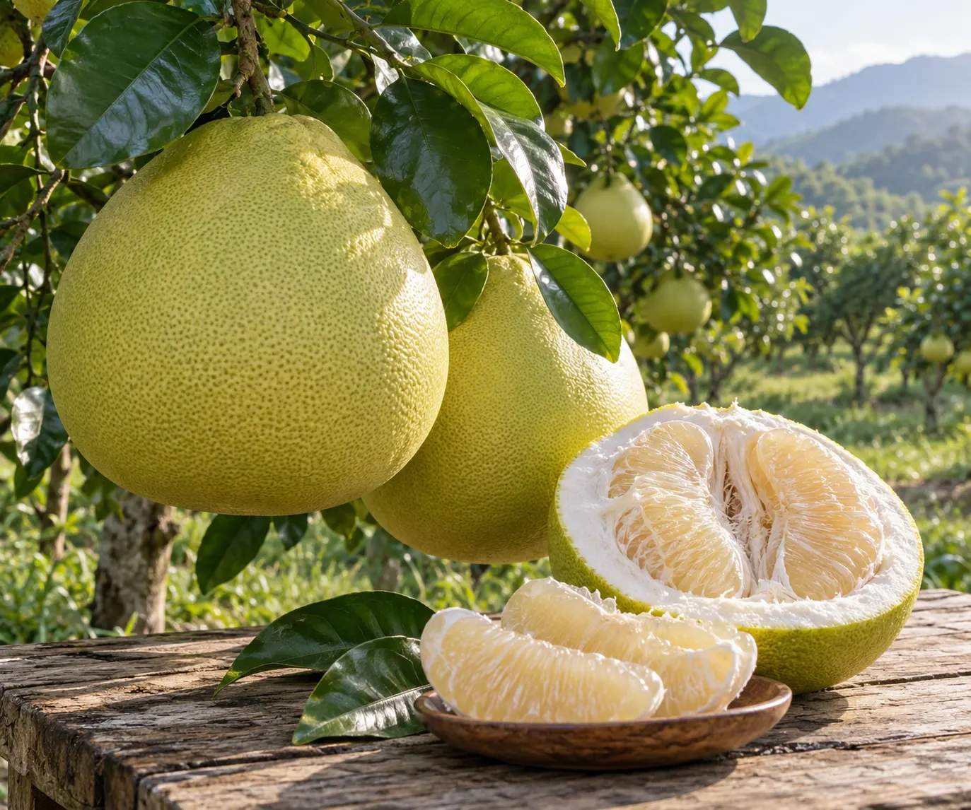 AI-generated pomelo in an orchard. Origin: OpenAI image generation; generated 2026-10-28. Prompt: Photorealistic botanical editorial photograph of ripe pomelo fruit hanging on a citrus tree, very large pale green-yellow rind with glossy leaves, one fruit cut open on a nearby rustic wooden surface showing pale segmented flesh, believable orchard, morning light, no text or labels or watermark or collage. Generic illustration.