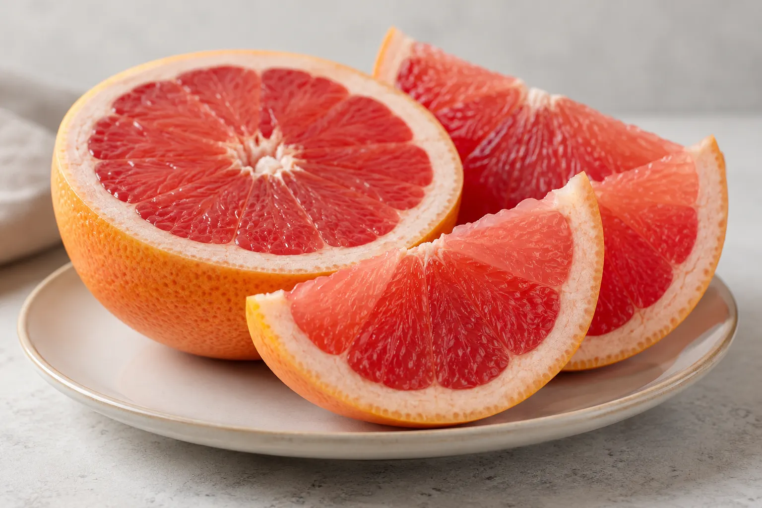 AI-generated cut grapefruit close-up. Origin: OpenAI image generation; generated 2026-10-28. Prompt: Photorealistic editorial macro photograph of sliced grapefruit on a simple plate, ruby grapefruit and pale pink flesh clearly visible with peel texture, neutral background, soft daylight, science article food image, no text, no labels, no watermark, no collage. Generic illustration.