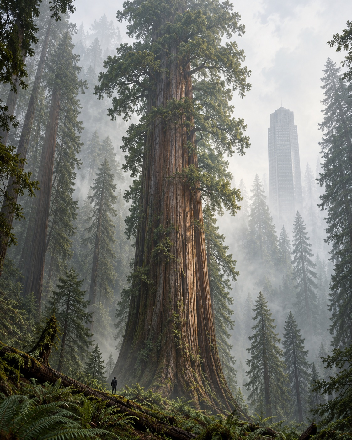 AI-generated conceptual illustration showing a coast redwood beside a human figure and a 35-storey-building silhouette to communicate scale. It is not a photograph of Hyperion, a measured specimen, or to scale as a scientific diagram. Prompt: “Conceptual natural-history illustration, not documentary: a very tall coast redwood in a misty Northern California old-growth forest, tiny human silhouette at the base and a subtle 35-storey-building silhouette for scale. Do not depict a named record tree, exact location, measured data, signage, labels, or text. Respectful museum illustration, vertical 4:5 composition, muted green and fog palette.” Generated 2026-10-29; no external source or documentary role.