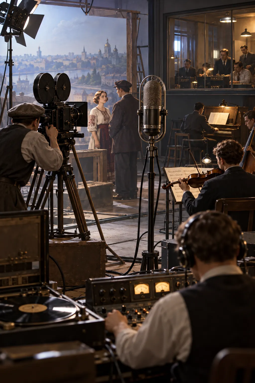 symbolic editorial reconstruction of early sound-film set with vintage microphone and camera; it is not an archival photograph or a film frame.