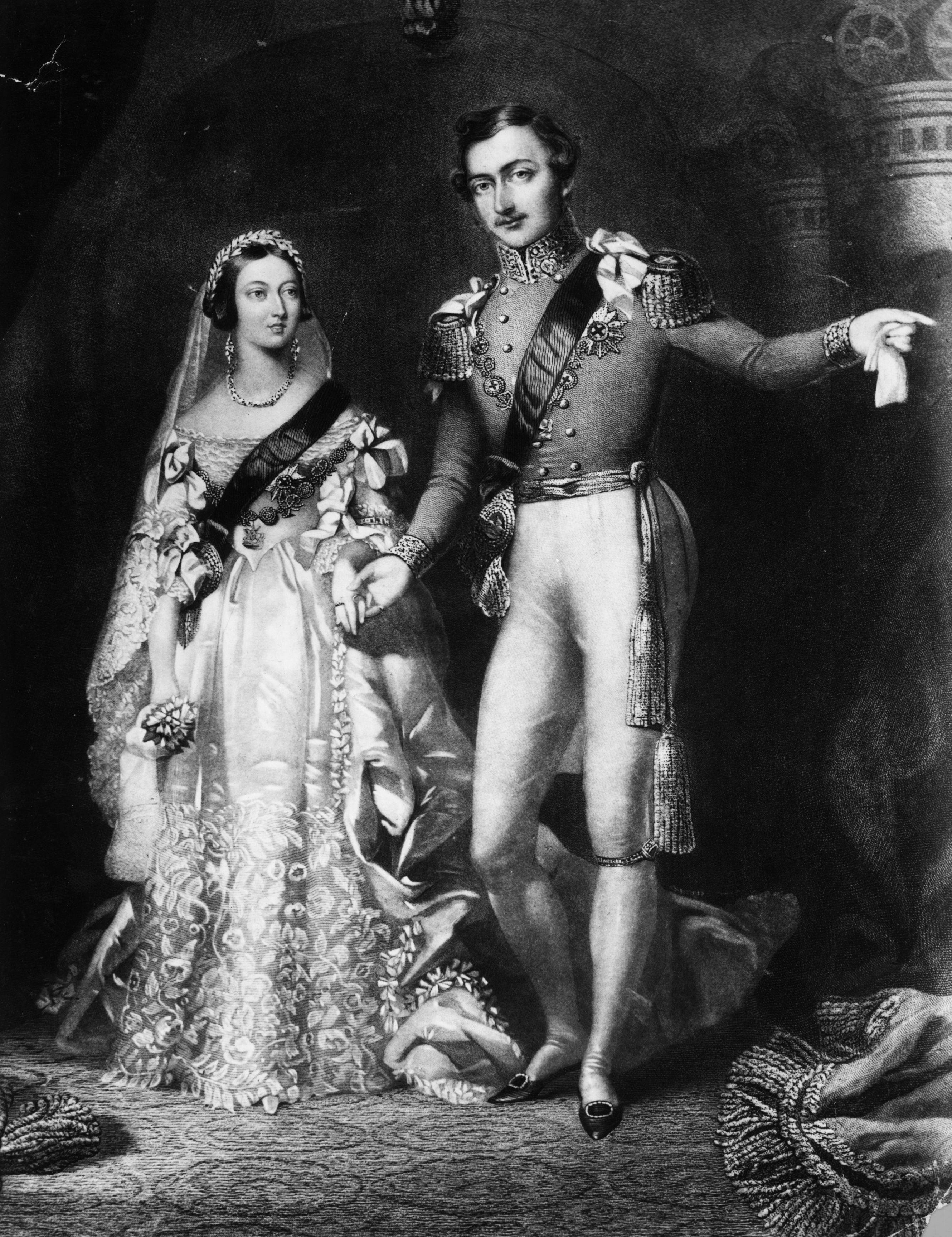 contemporary engraving showing Victoria and Albert on their return from the marriage service, 10 February 1840; engraved by S. Reynolds after F. Lock. Original: https://commons.wikimedia.org/wiki/File:Wedding_of_Queen_Victoria_and_Prince_Albert.jpg. Public Domain Mark 1.0: https://creativecommons.org/publicdomain/mark/1.0/. Unmodified.