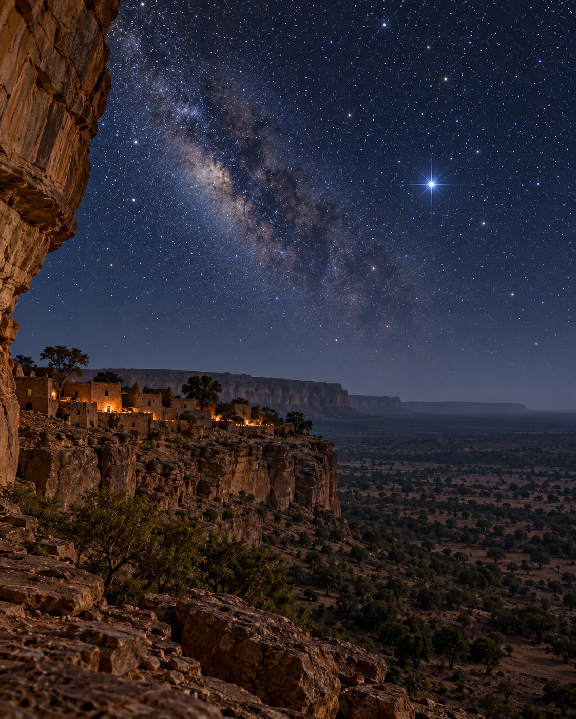 AI-generated conceptual night landscape evocative of the Bandiagara Escarpment; not documentary photography and not evidence for the ethnographic claim.