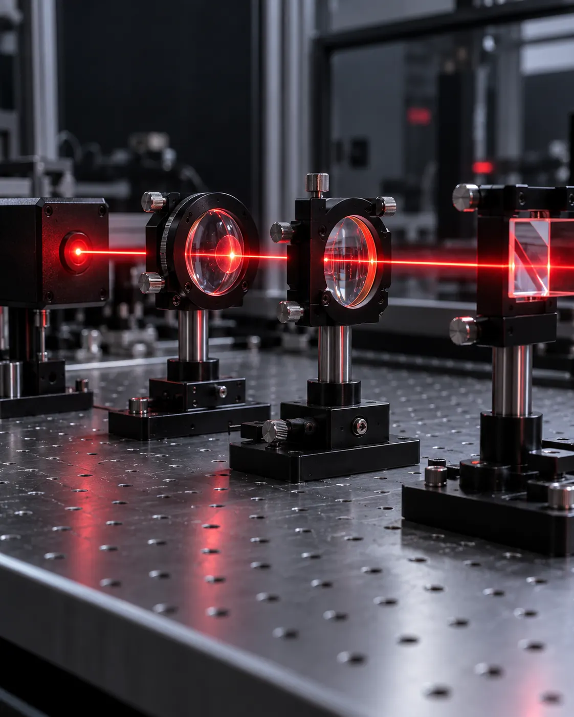 AI-generated optics laboratory scene showing a controlled laser demonstration; no weapon use. Prompt: “Photorealistic editorial close-up of a controlled red laser beam visible inside a clean optics laboratory, passing through precision lenses on an optical table, vertical 4:5. Scientific demonstration, safe enclosed setup, no weapon, no people, labels, or logos.” Generated 2026-10-19.
