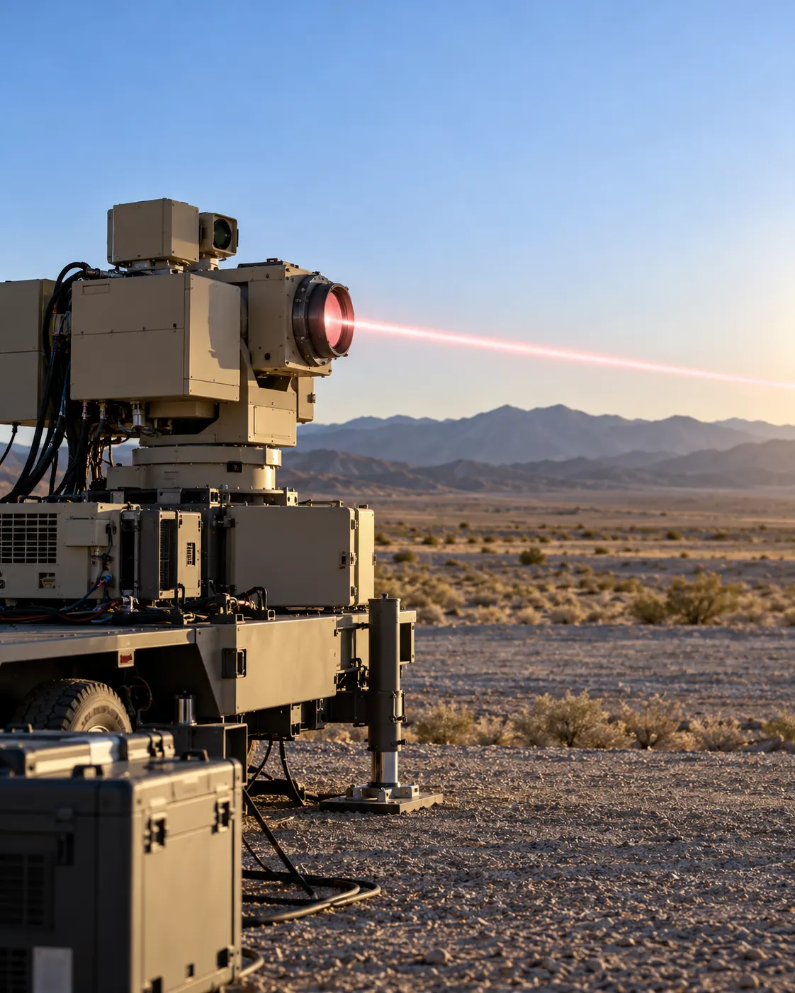 AI-generated generic directed-energy research test at a desert range; not the actual P-HEL system and no target is struck. Prompt: “Photorealistic editorial reconstruction of a modern military research team testing a compact directed-energy laser system at a remote desert range, equipment pointed safely toward an empty test area, no people identifiable, no impact or damage, vertical 4:5. Generic non-identifiable system, no insignia, text, or implication this is the actual U.S. Army P-HEL.” Generated 2026-10-19.