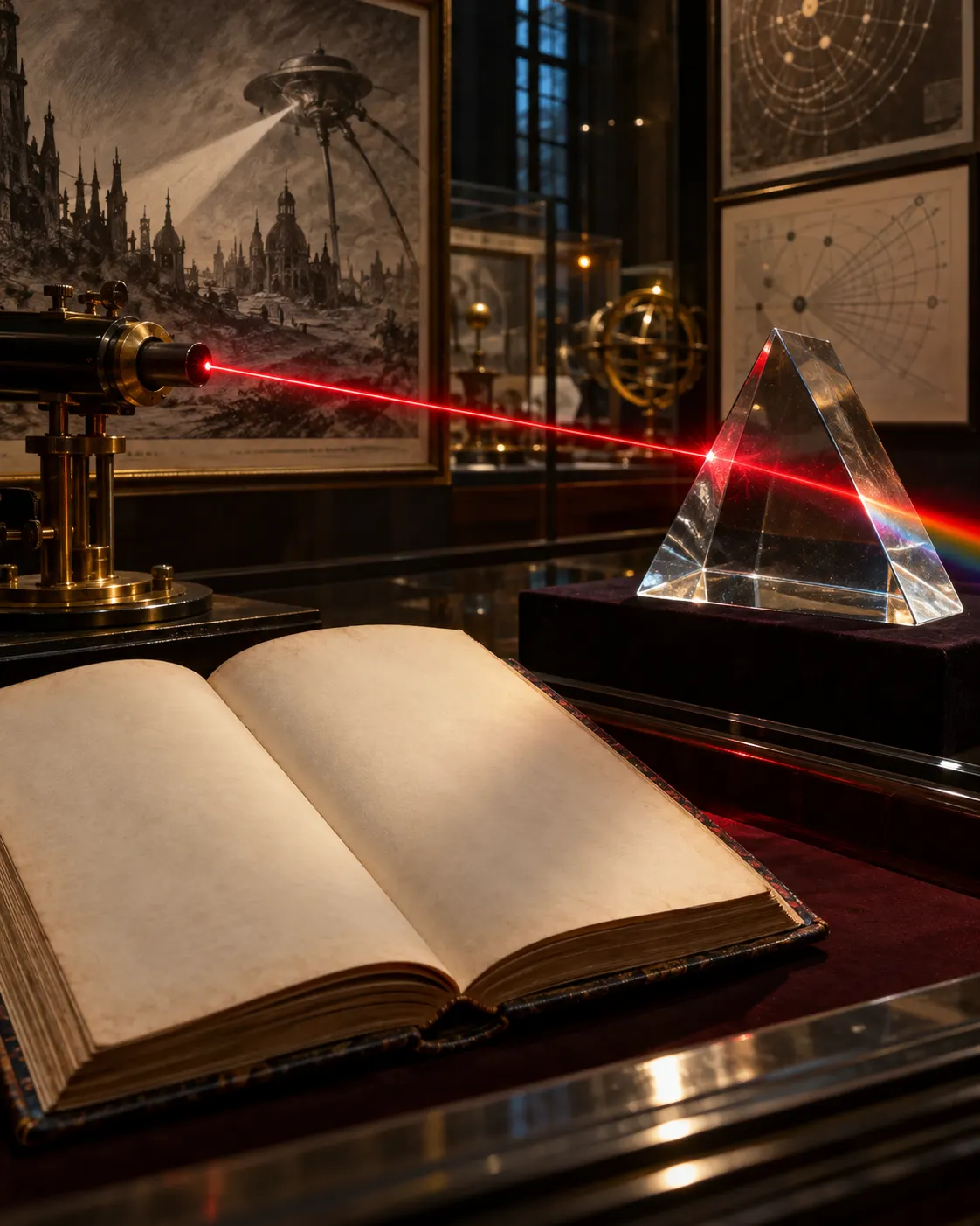 AI-generated cover: an antique blank book beside a red beam and optical prism, symbolizing the fictional heat-ray and modern laser research. No human or weapon system is depicted. Prompt: “Photorealistic editorial cover about H. G. Wells's fictional heat-ray and modern laser research: an antique open science-fiction book with entirely blank pages beside a glass optical prism and a thin red beam of light crossing a museum display, vertical 4:5. No human figures or busts, no readable text, no recognizable book cover, weapons, logos, or claim of direct prediction.” Generated 2026-10-19.