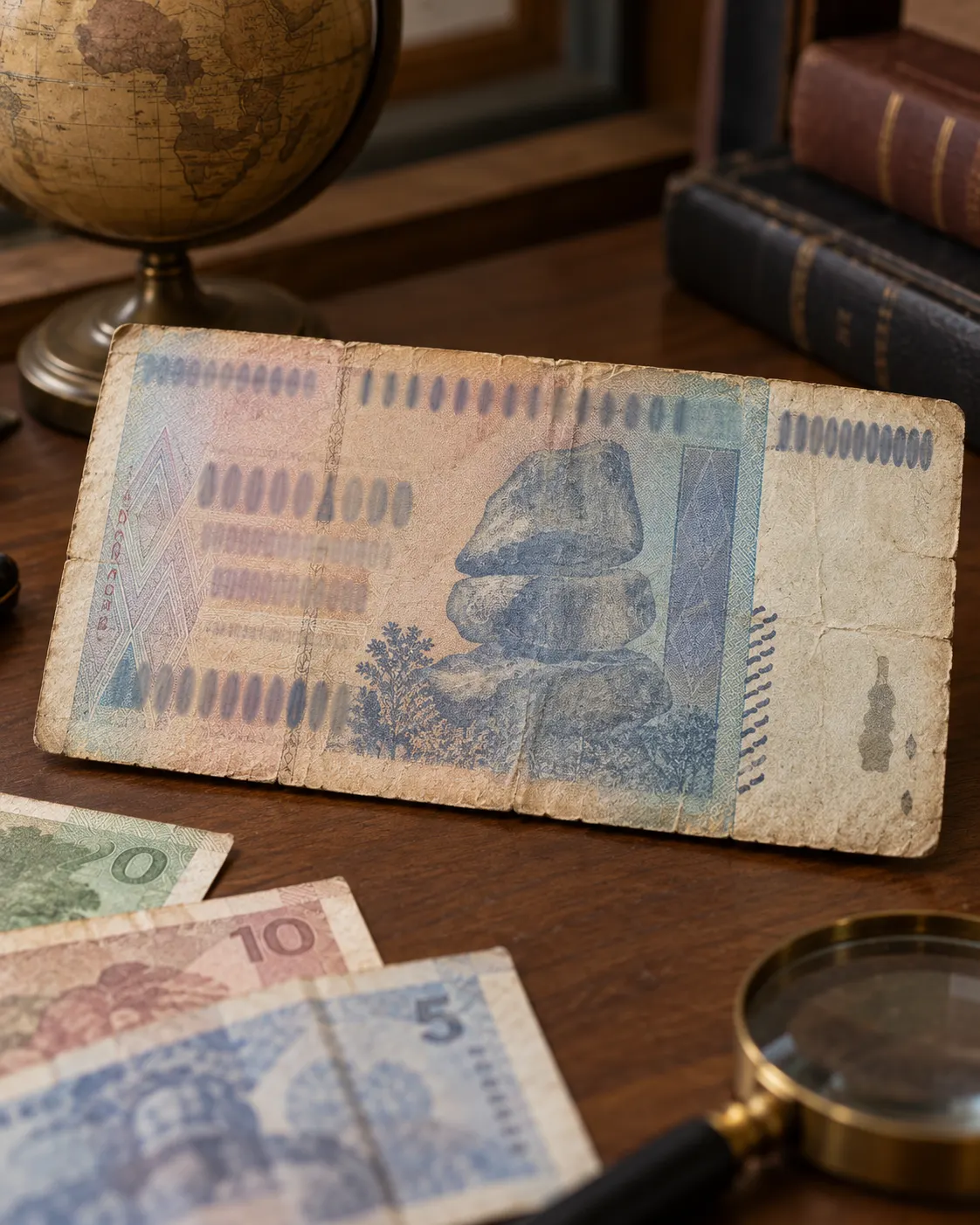 AI-generated symbolic illustration of a large, worn, generic hyperinflation-era banknote alongside smaller notes. It is not a reproduction of Zimbabwe's 100-trillion-dollar note and contains no verified currency design. Generated with OpenAI image generation; no external source or reuse license applies.