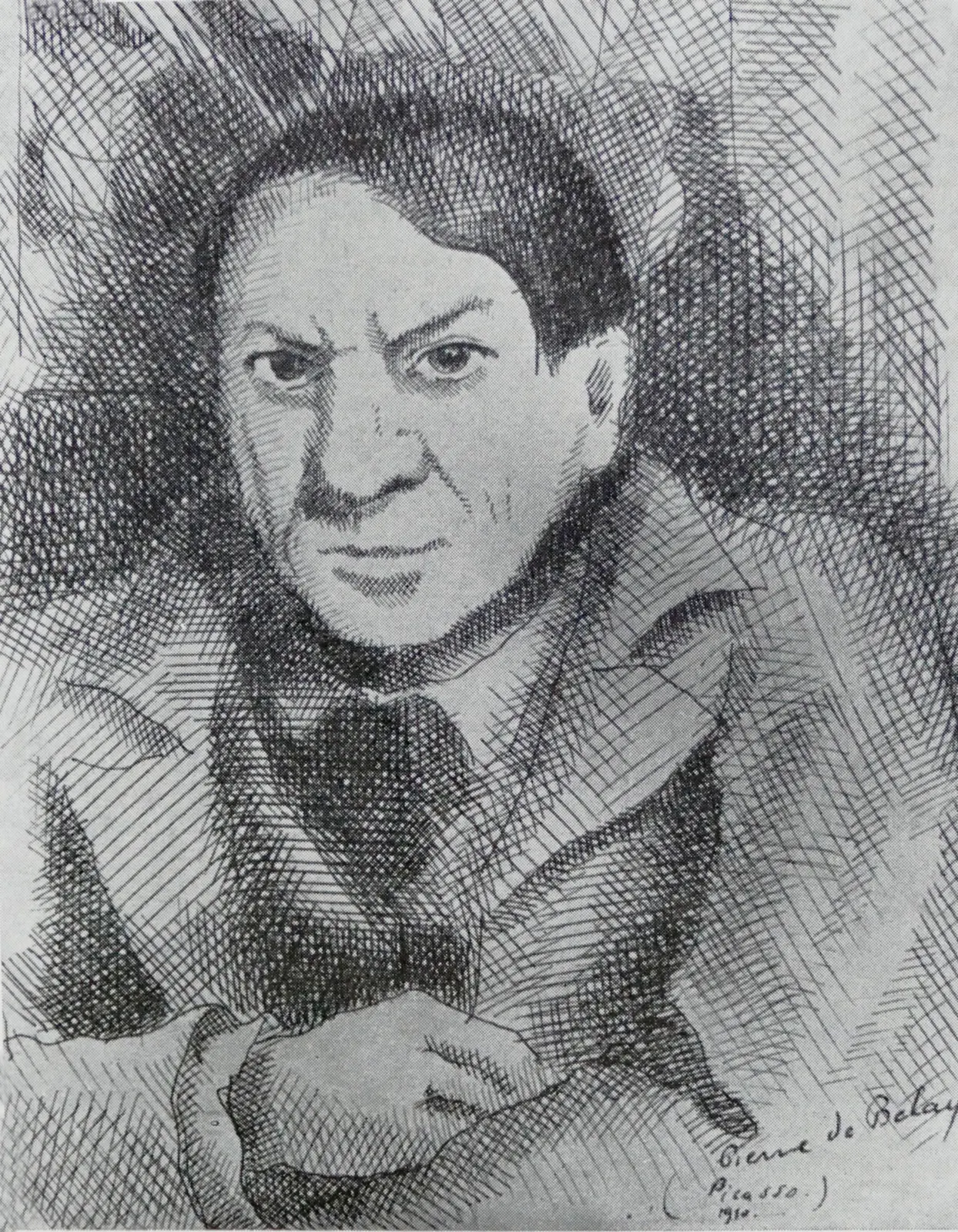 portrait drawing of Picasso by Pierre de Belay (dated 1910 in the file title; page notes the drawing was published in 1972). Original page: https://commons.wikimedia.org/wiki/File:Portrait_de_Picasso_par_Pierre_de_Belay_1910.jpg. Creator: Pierre Savigny de Belay. File page marks it public domain / Public Domain Mark 1.0.