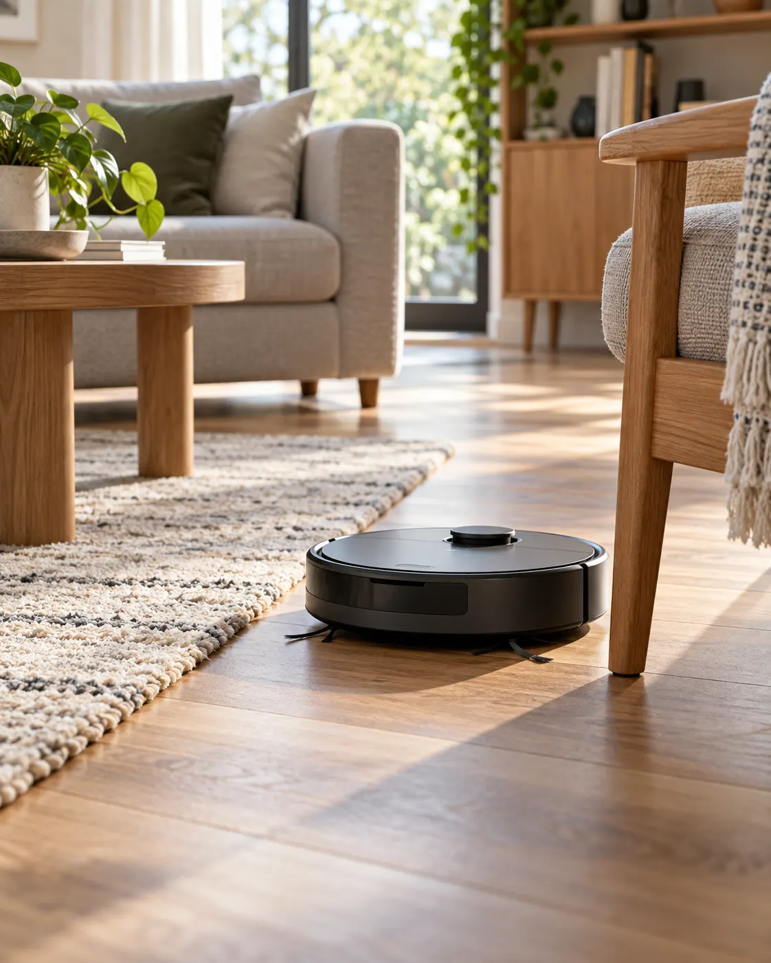 AI-generated generic household robot vacuum, unbranded. Prompt: “Photorealistic editorial image of a small modern robotic vacuum cleaner moving across a living-room floor, quietly navigating around a chair, vertical 4:5. Generic unbranded household robot, natural daylight, no logos, readable text, or exaggerated science-fiction features.” Generated 2026-10-19.