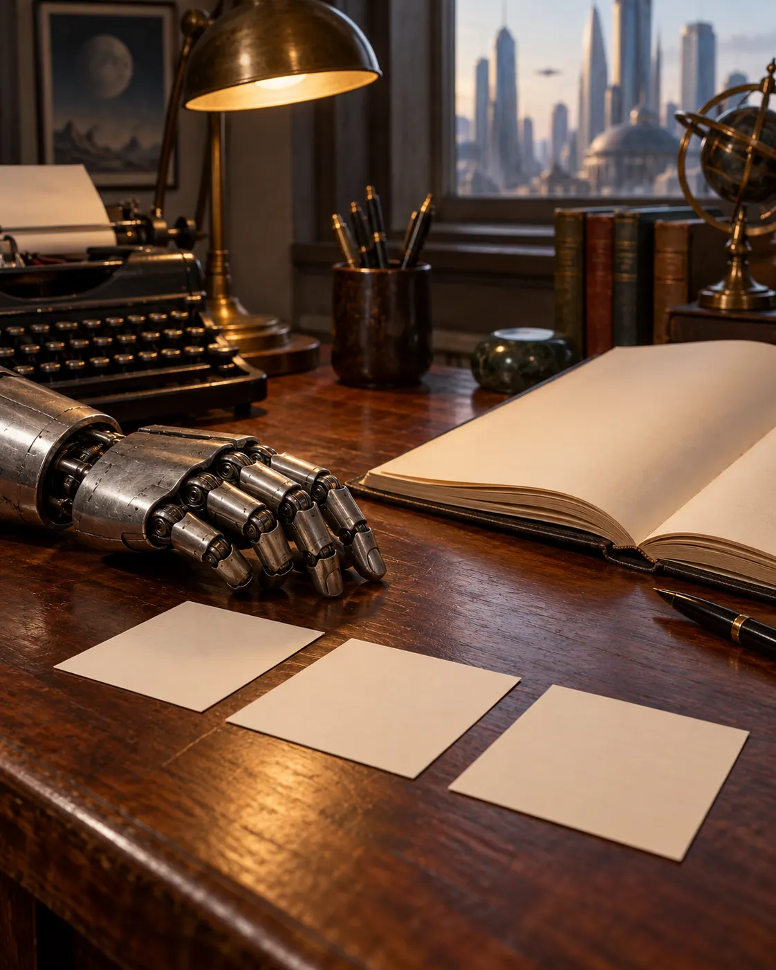 AI-generated symbolic still life evoking Asimov’s fictional robot ethics, with no actual manuscript or portrait. Prompt: “Photorealistic editorial still life inspired by classic mid-century science fiction about robot ethics: a generic metal robot hand beside three blank index cards and an open story manuscript on a writer's desk, vertical 4:5. Symbolic illustration, no Isaac Asimov likeness, no readable text, no claim these are the actual Three Laws manuscript.” Generated 2026-10-19.