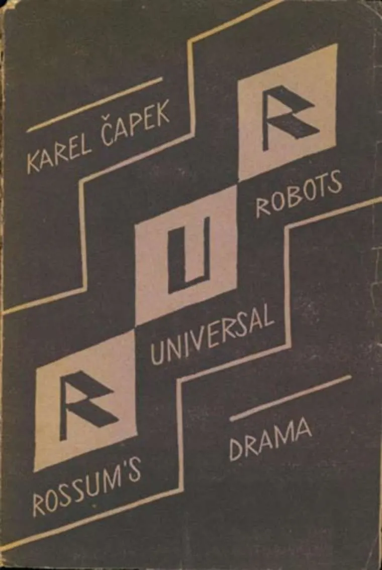 cover of the first Czech edition of *R.U.R.* (1920). Asset page: https://commons.wikimedia.org/wiki/File:Rosumovi_Univerz%C3%A1ln%C3%AD_Roboti_1920.jpg. Creator: cover designer not identified. Commons labels the image public domain; the file page says the cover is ineligible for copyright because it contains no original authorship. Attribution: “Unknown cover designer / Wikimedia Commons / public domain.” Downloaded original; no edits.