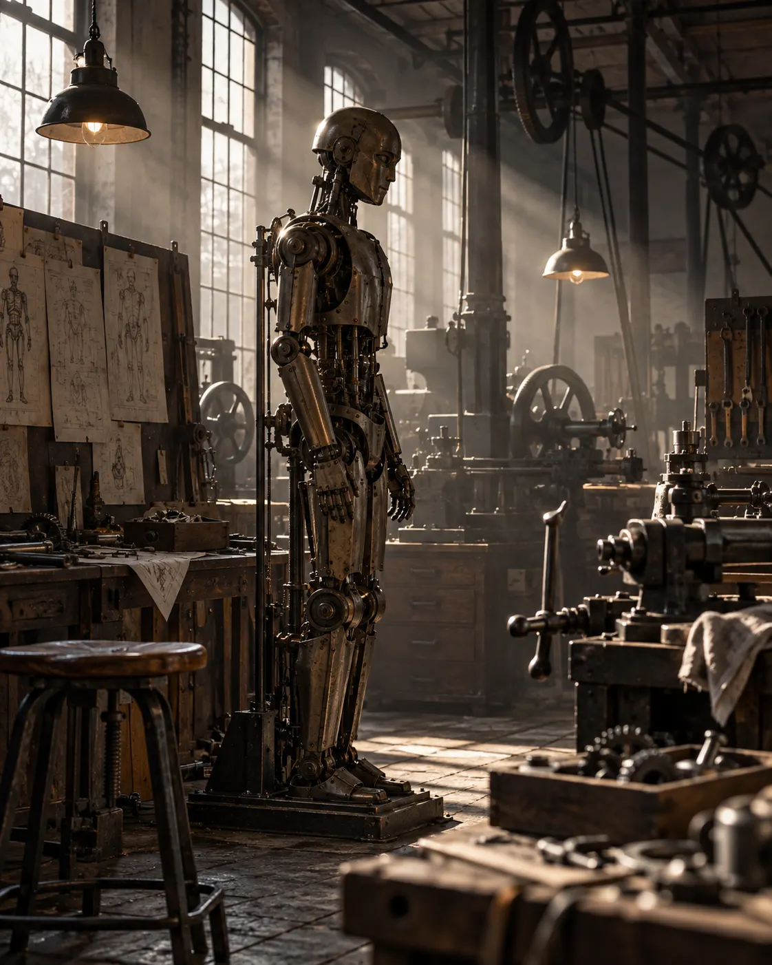 AI-generated cover: a generic mechanical automaton in a 1920s industrial workshop, symbolizing the origins of the word robot. Not a specific R.U.R. stage production. Prompt: “Photorealistic editorial cover about the history of the word robot: a 1920s Central European industrial workshop with a human-sized mechanical automaton silhouette among factory tools, moody theatrical light, vertical 4:5. Generic symbolic scene, no actors, no recognizable R.U.R. stage design, readable text, logos, or claim to depict a specific production.” Generated 2026-10-19.