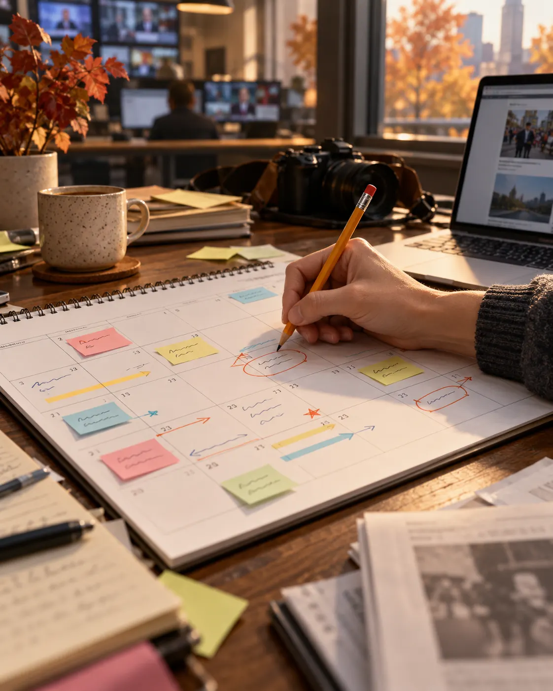 AI-generated editorial illustration of a newsroom planner marking several different early-October weekdays. Generated 19 October 2026. Prompt: “Photorealistic vertical 4:5 editorial image of a newsroom calendar planner in early autumn, a hand marking several separate weekdays during the first half of October, pencil, notes without legible words, muted warm light. Illustration of announcements spread across a week, not tied to one weekday. No logos, no legible dates or text.”
