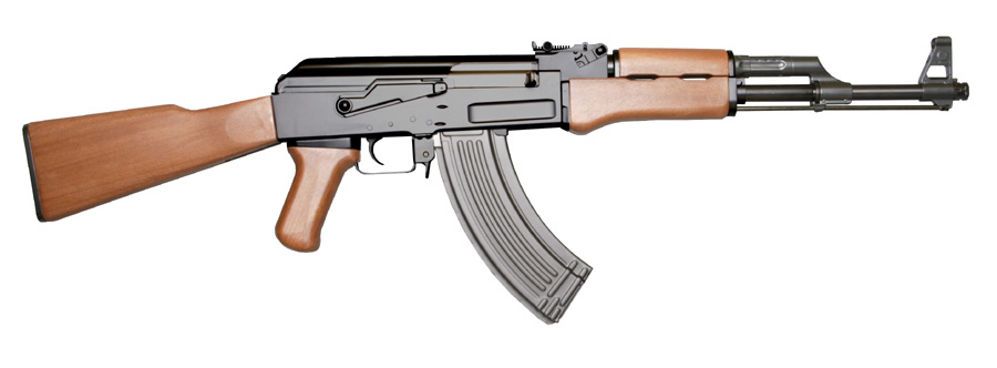 Side view of an AK-47 type rifle on a white background.
