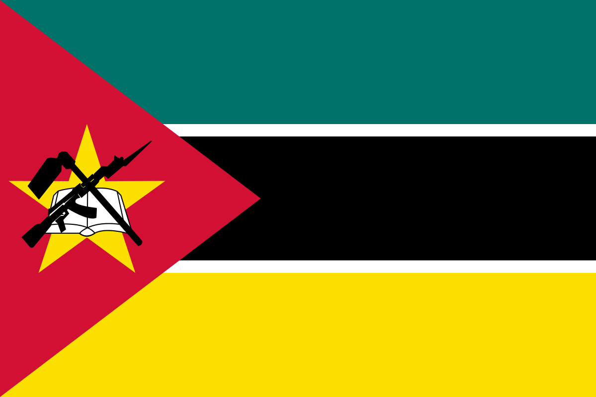 Mozambique's national flag with crossed gun and hoe over a book.