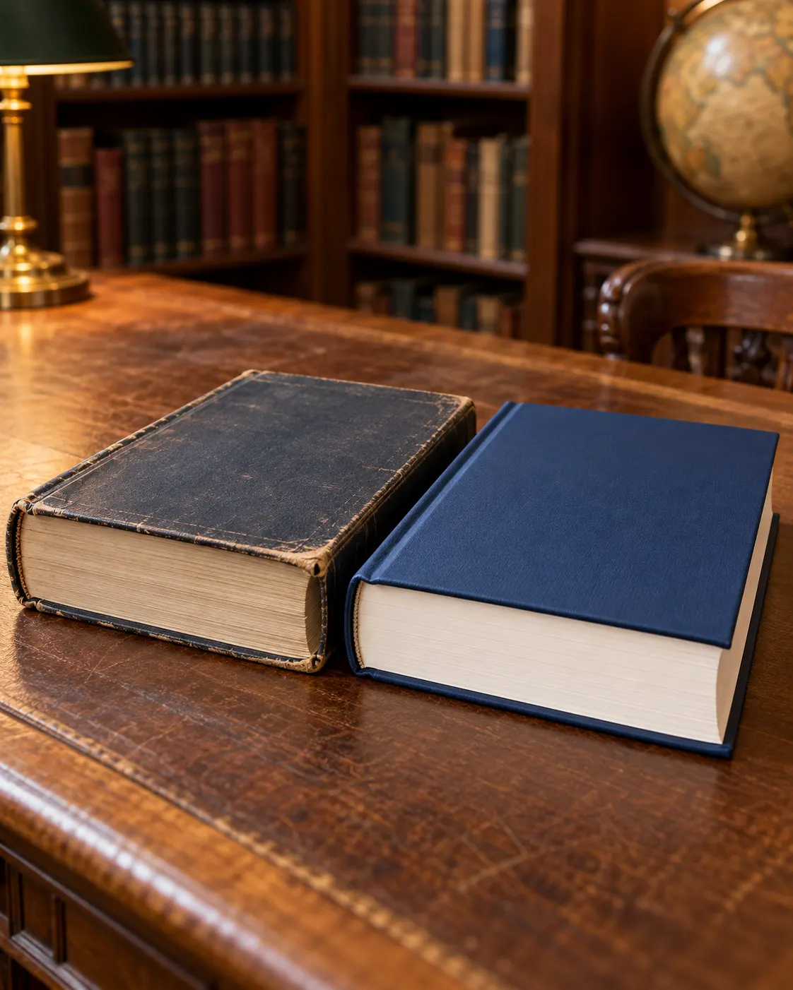 AI-generated still life of two generic successive reference books, symbolizing updated editions; covers are blank and do not show Guinness volumes. Prompt: “Photorealistic vertical 4:5 editorial still life showing two successive generic hardcover reference books, one older and one freshly printed, stacked beside each other on a library table. Both covers and spines blank, subtle contrast in wear, symbolizing an annual updated edition. No readable years, titles, logos or Guinness branding.” Generated 20 October 2026.