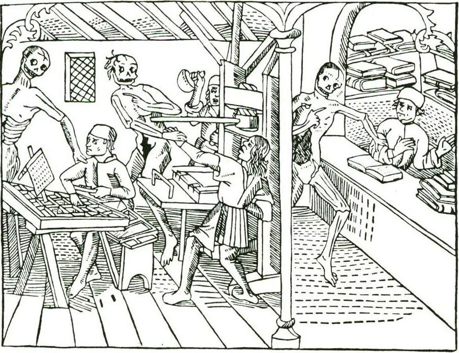 documentary 1499 woodcut from *Danse macabre* depicting book printing and bookselling. Original page: https://commons.wikimedia.org/wiki/File:Bookprinting_and_bookselling_1499.jpg. Creator: unknown. Public domain; faithful reproduction of a public-domain 2D work. Source page lists Harry Järv (ed.), *Den svenska boken 500 år* (1983), for the image source.