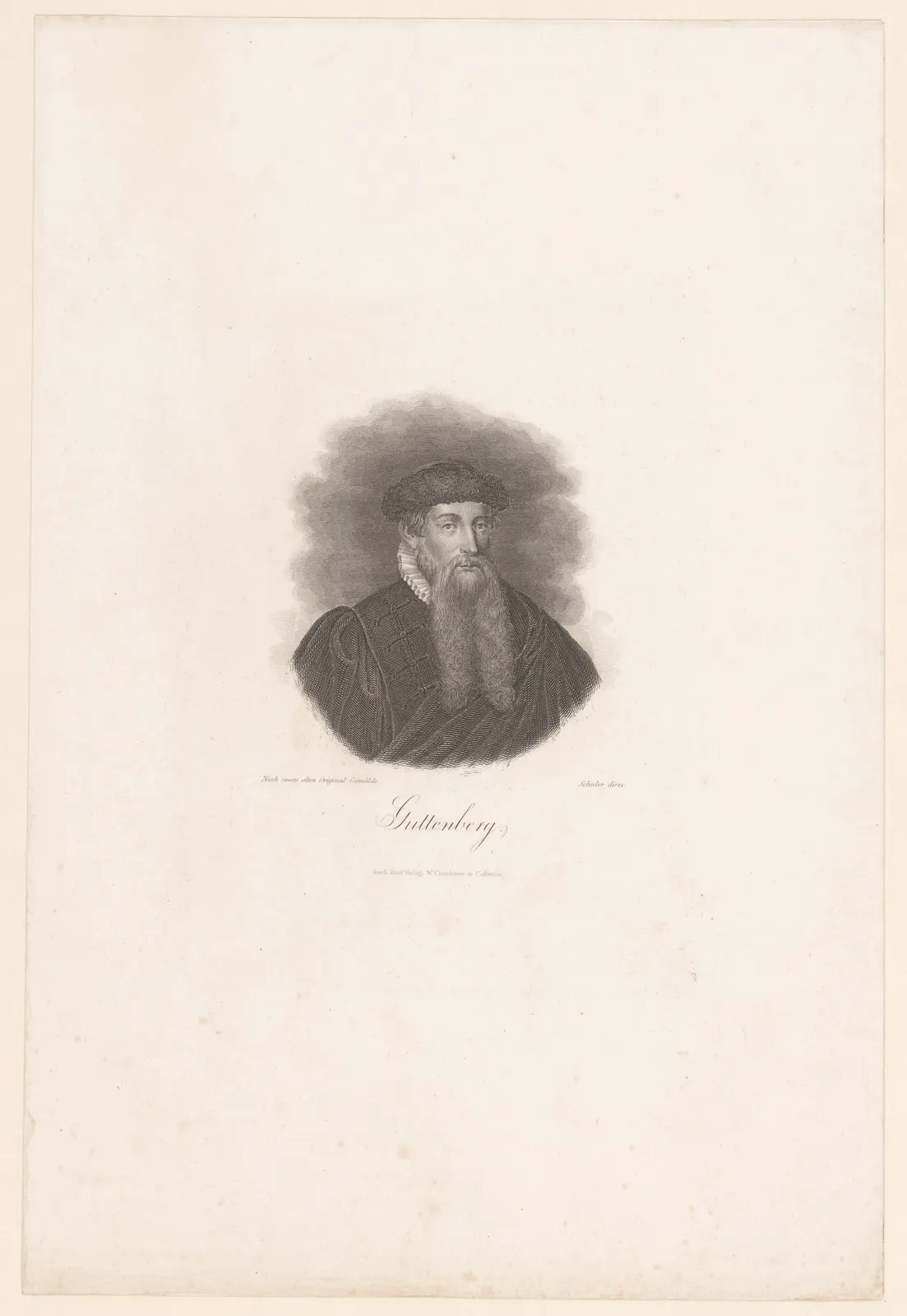 documentary reproduction of a 19th-century steel engraving depicting Johannes Gutenberg, dated 1816–1882 by the Rijksmuseum catalogue. Original page: https://commons.wikimedia.org/wiki/File:Portret_van_Johannes_Gutenberg,_RP-P-1914-4009.jpg. Creator: not named on Commons; Rijksmuseum is the collection/source. License: CC0 1.0 Public Domain Dedication. Attribution is optional; source credit to Rijksmuseum via Wikimedia Commons is retained. This is a later depiction, not a verified contemporary likeness.