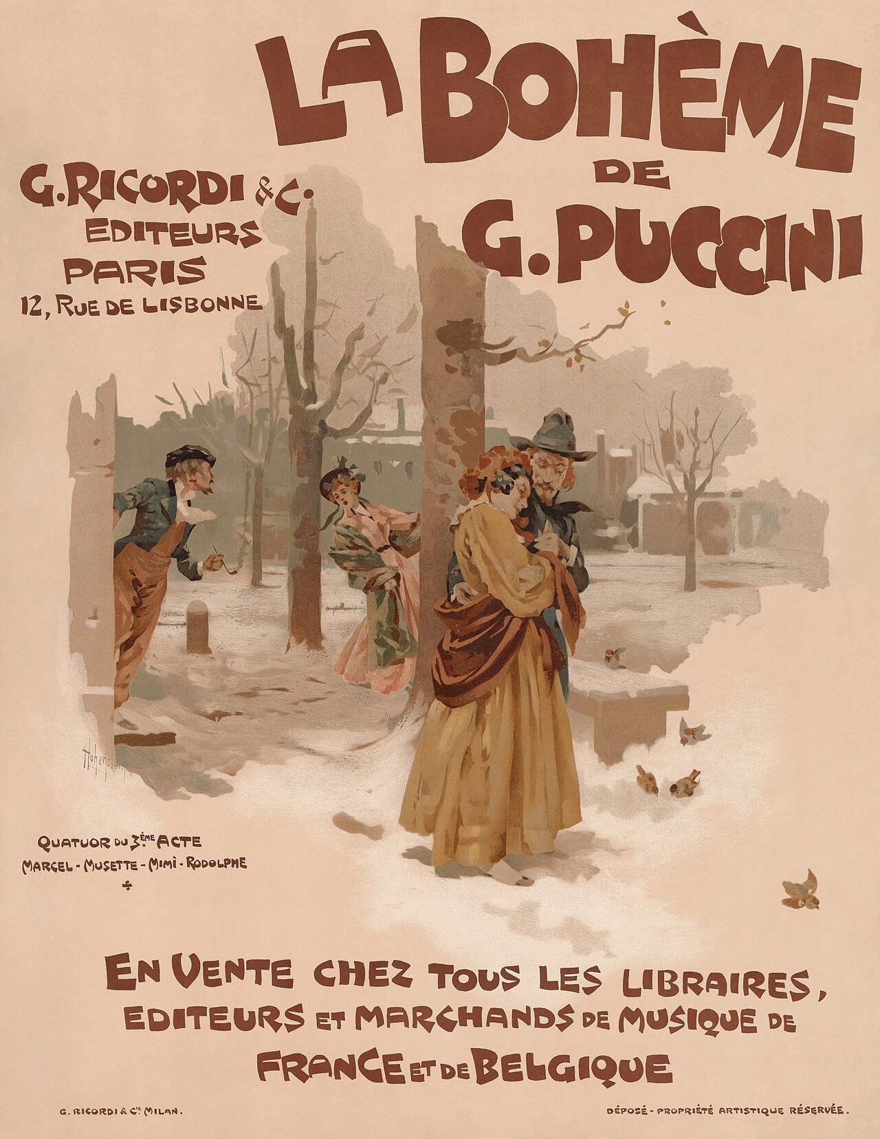 Adolf Hohenstein advertisement for the score of Puccini’s La Bohème (1895); https://commons.wikimedia.org/wiki/File:Advertisement_for_the_music_score_of_La_Boh%C3%A8me,_1895.jpg; public domain (author died 1928; U.S. publication before 1931). Credit Hohenstein / G. Ricordi & C. when practical. Served at reduced width (1200 px); no crop.