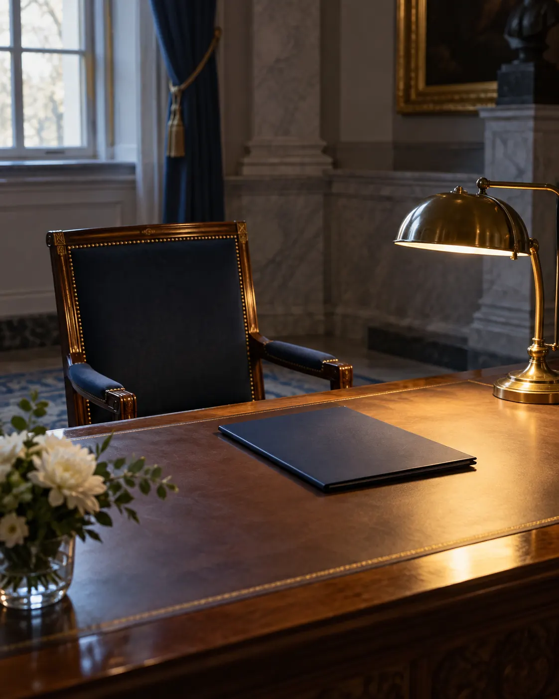 AI-generated symbolic empty chair and closed blank file, illustrating the posthumous-award rule; no deceased person or actual Nobel record is depicted. Prompt: “Photorealistic vertical 4:5 editorial still life illustrating a posthumous award rule: an empty chair beside a closed blank award file and a single desk lamp in a quiet institutional room. Symbolic generic image, no deceased person, no actual Nobel document, no medal, no logos, no names, no readable text. Respectful, subdued, not tragic.” Generated 20 October 2026.