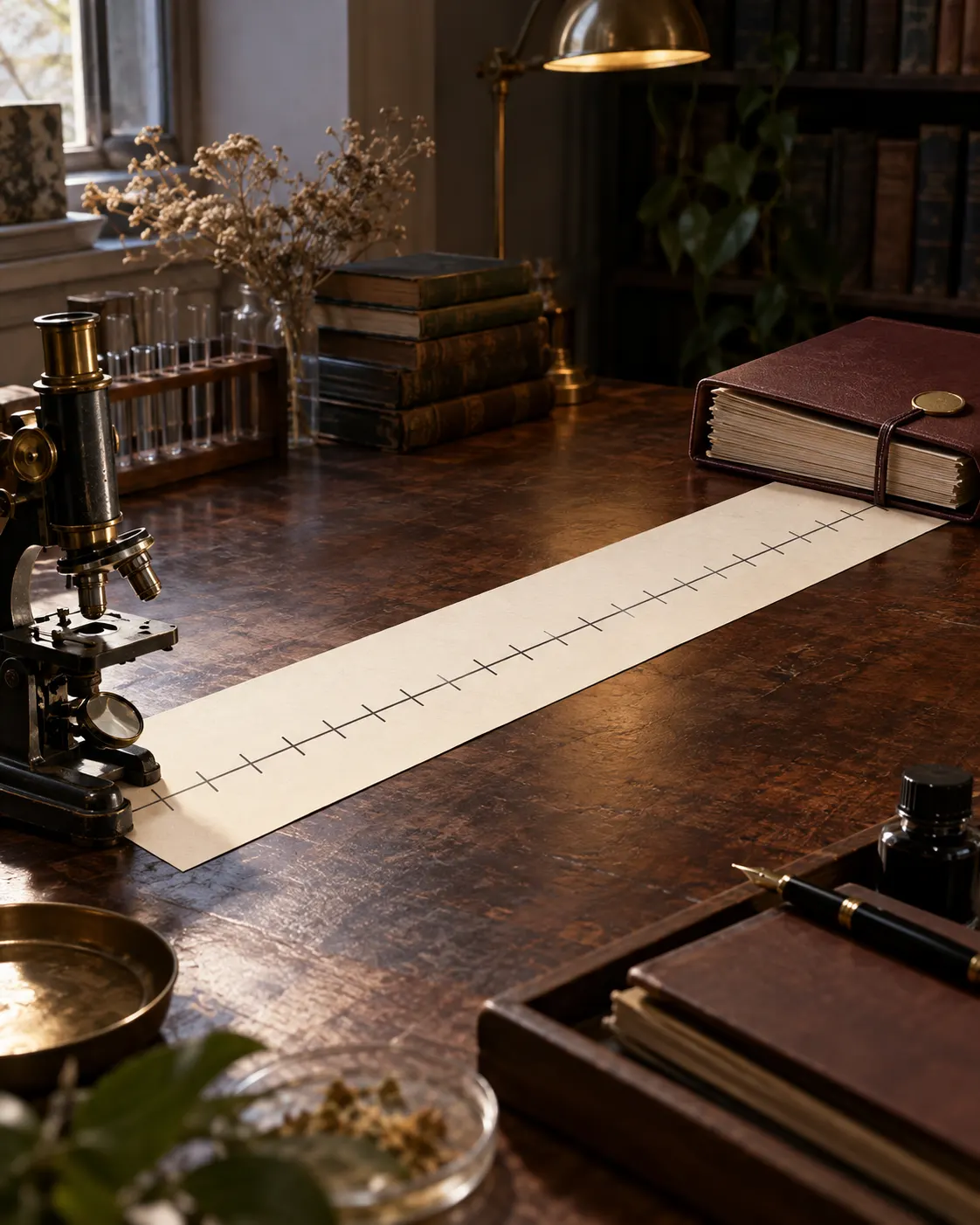 AI-generated symbolic timeline with unnumbered marks between a microscope and a closed file, suggesting a long delay; marks do not encode the exact 50-year interval. Prompt: “Photorealistic vertical 4:5 editorial still life showing a long scientific recognition timeline: an old microscope at the left end of a blank paper timeline, a closed prize file at the far right, many evenly spaced unnumbered marks between. Symbolic visual for a decades-long delay, not a precise chart or specific year record. No readable text, dates, numbers, logos or medals.” Generated 20 October 2026.