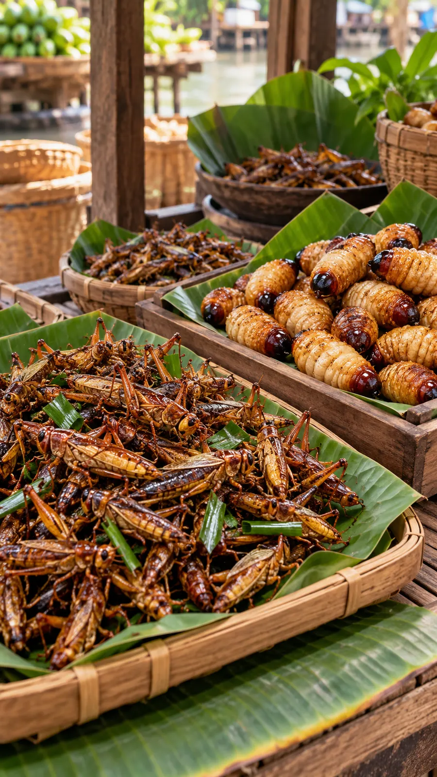 AI-generated market-stall illustration of regional edible insects, not documentary. Origin: OpenAI image generation, 2026-10-25.