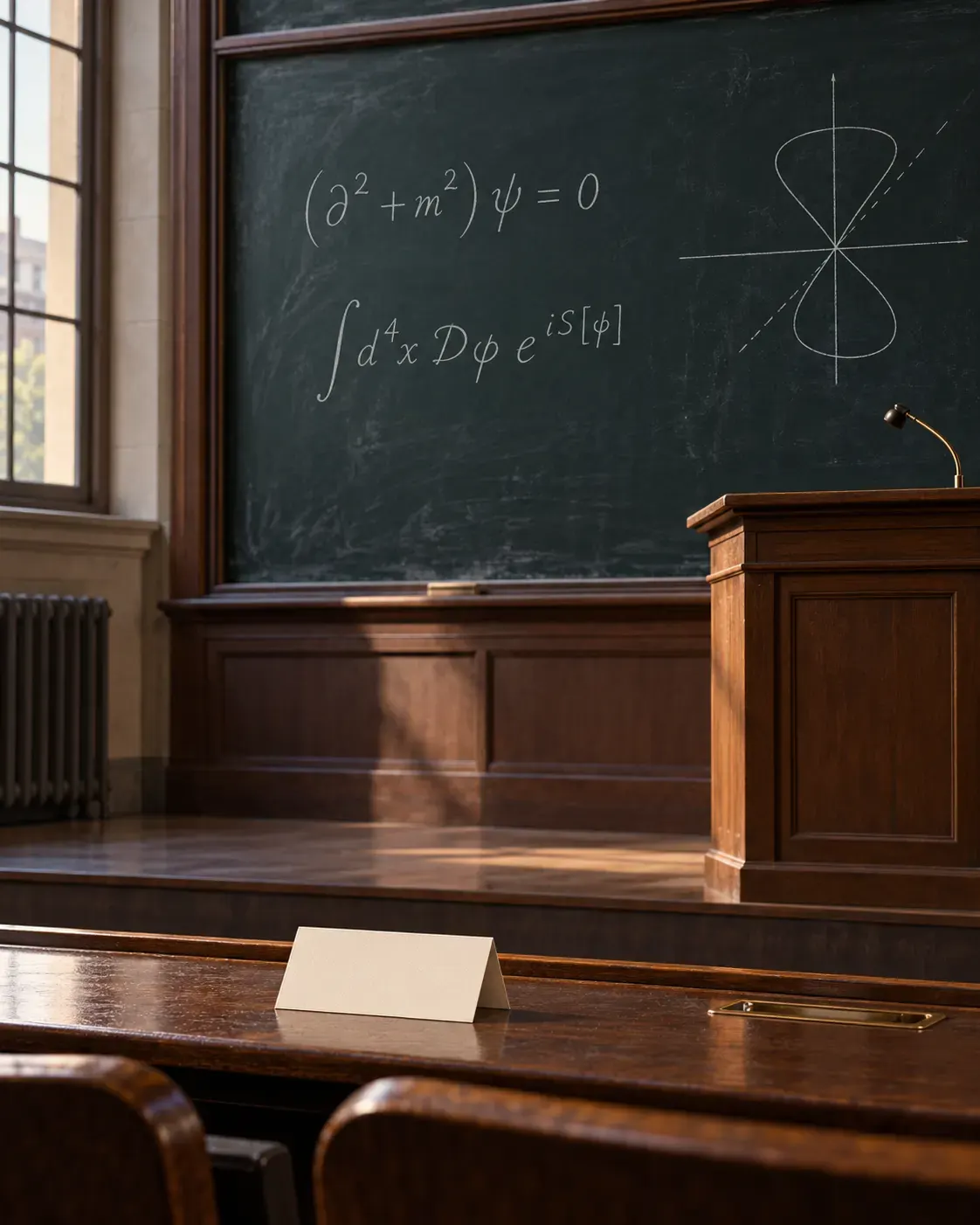 AI-generated symbolic empty lecture room, chalkboard with abstract equations, and blank question card. No person or actual event depicted; not documentary evidence. Creator: OpenAI image generation. Prompt summary: mid-century university atmosphere illustrating the anecdote without legible text. No external media used.