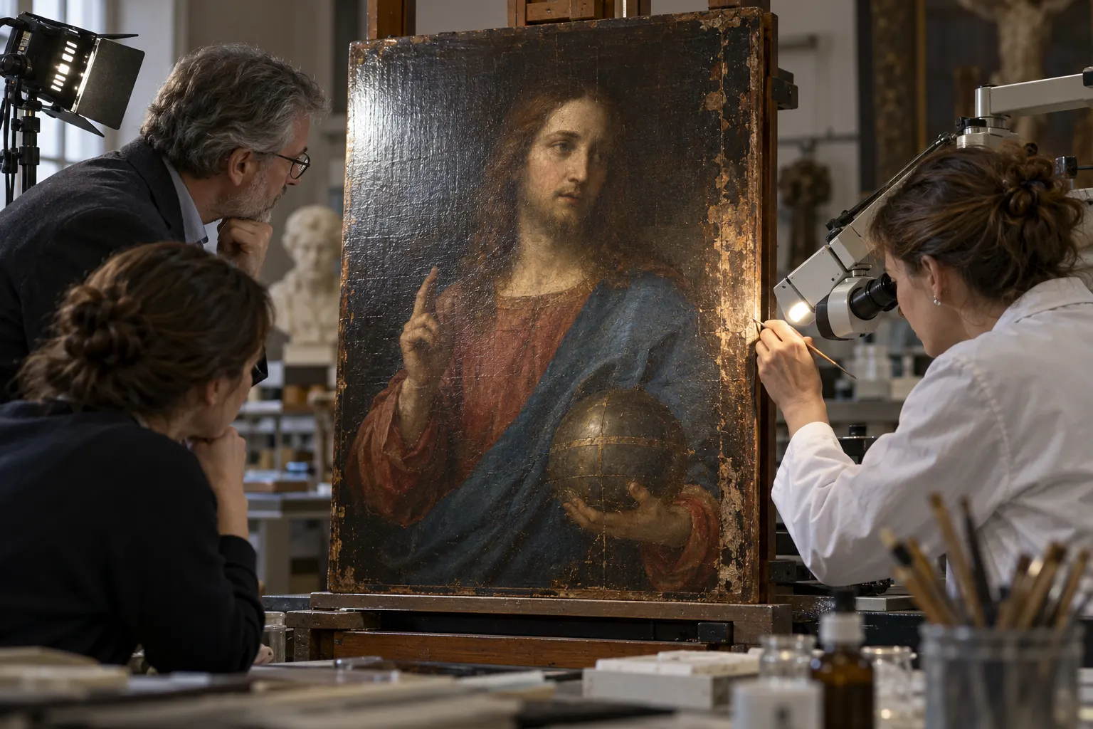 AI-generated conservation-studio scene illustrating careful examination of an old painted wood panel.