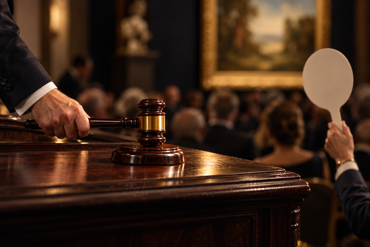AI-generated editorial close view of an auctioneer’s gavel and raised bidding paddle.