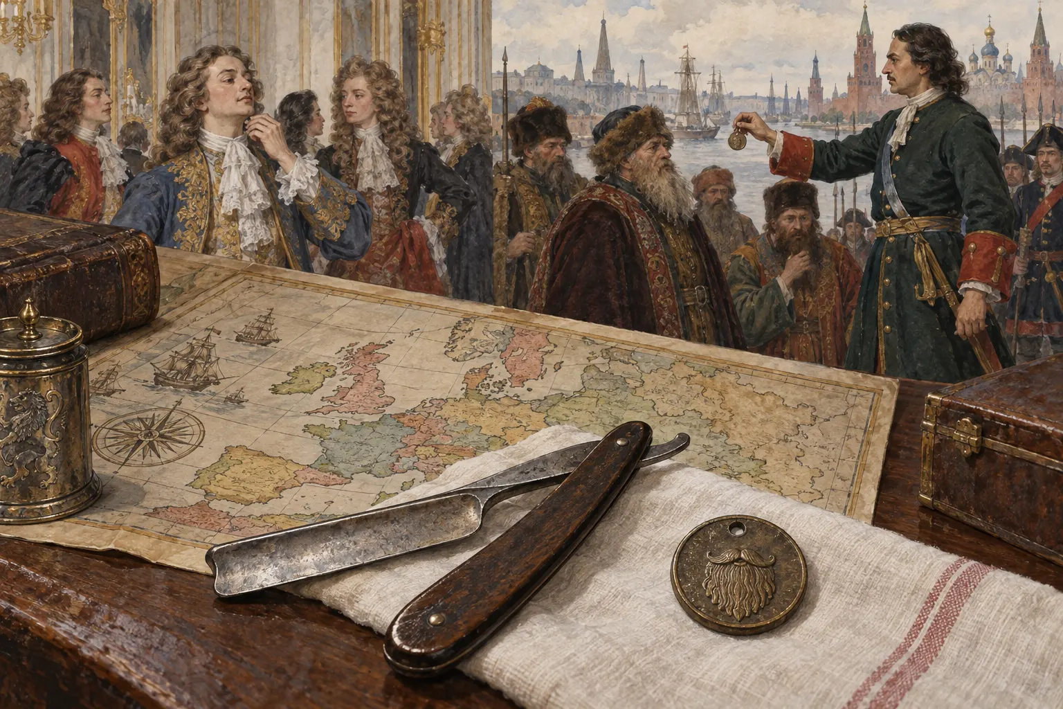 AI-згенерована синтетична бонусна ілюстрація бритви, жетона й карти; не є зображенням реального жетона. Prompt: “Historical editorial illustration comparing Western European clean-shaven fashion and Peter the Great's Russian beard-token reform around 1698–1705: on a desk, an old shaving razor and a small round beard token beside a 17th-century map of Europe. Avoid caricature, no readable text, no invented portrait, muted archival watercolor.”
