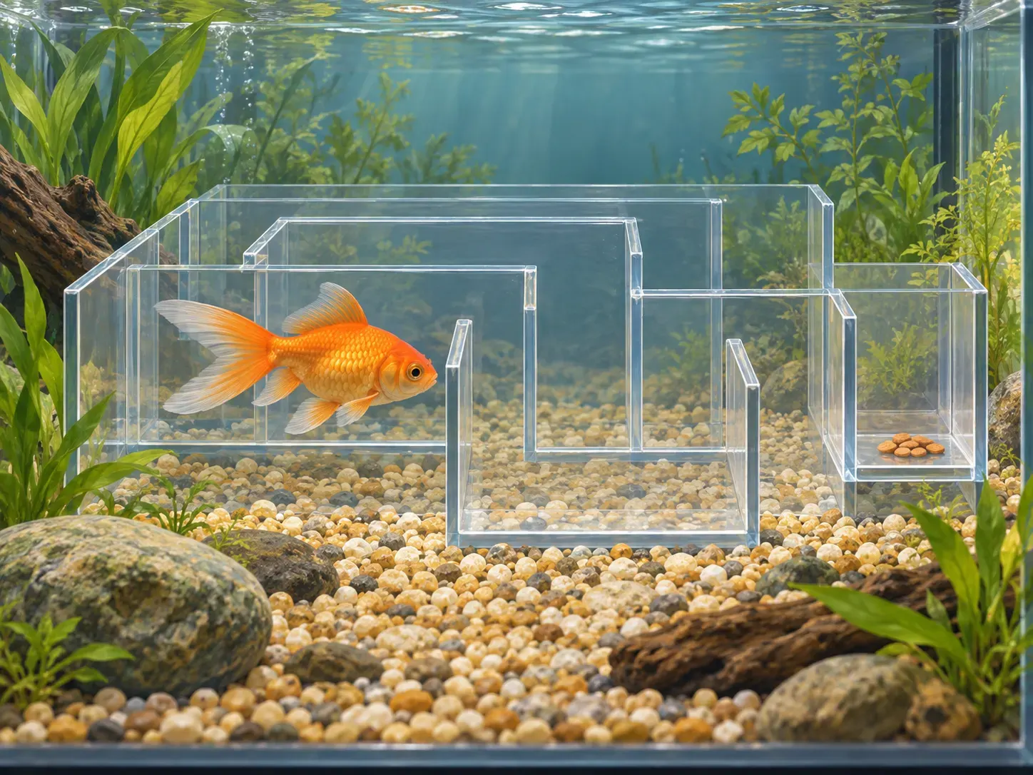 AI-generated educational illustration of a goldfish navigating a simple maze. Created 2026-10-13 with OpenAI image generation. No external creator, source URL, or reuse license. Not a photograph or depiction of a specific experiment; disclosed in the post.