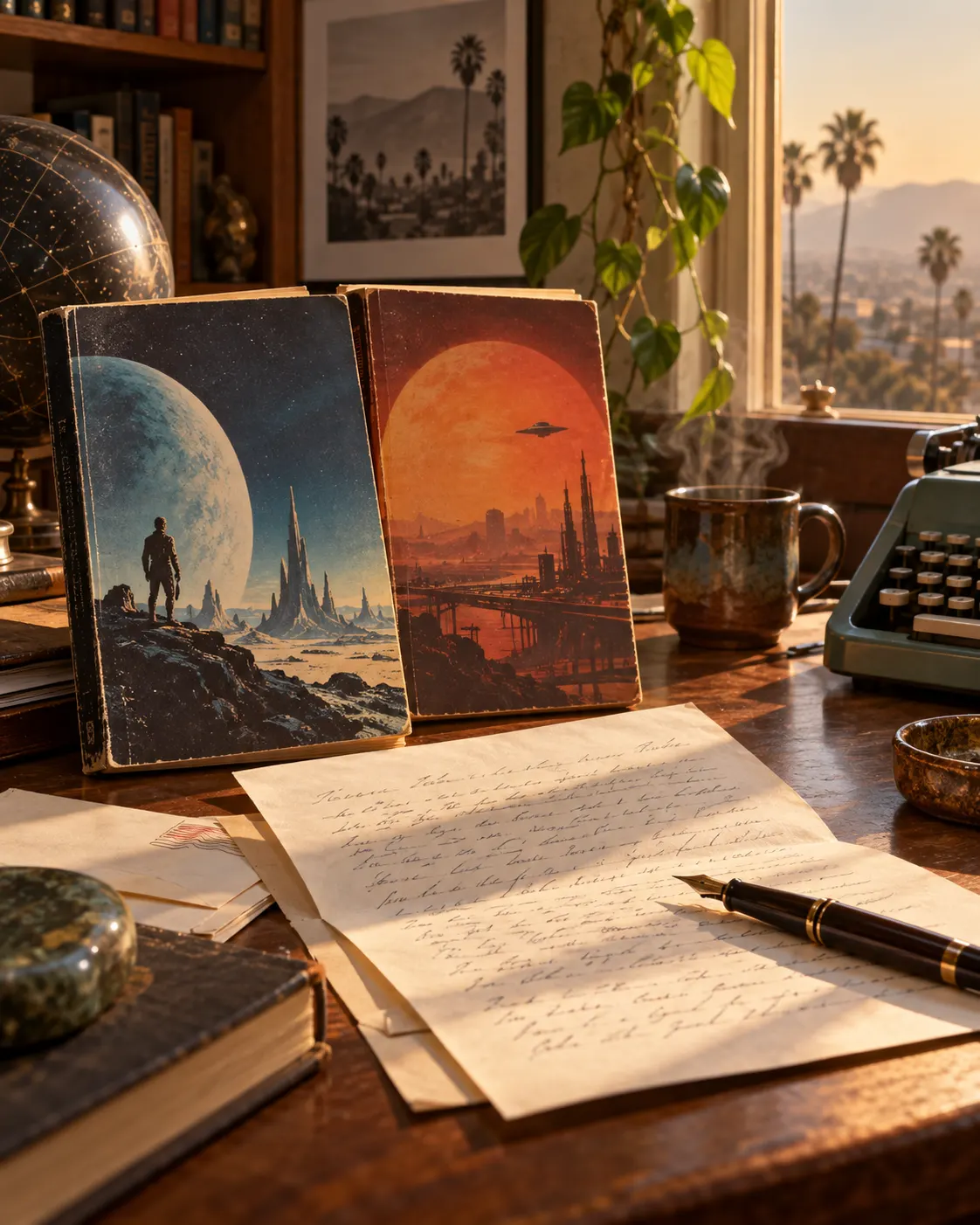 AI-generated cover, photorealistic symbolic still life of generic science-fiction paperbacks beside a handwritten letter and pen. The books and letter are fictional and do not represent actual editions or correspondence. Prompt: “Photorealistic editorial cover still life for a story about Ursula K. Le Guin and Philip K. Dick’s literary exchange: two generic science-fiction paperbacks beside an open handwritten letter and fountain pen on a desk, 1970s California study atmosphere, vertical 4:5. No readable text, real book covers, logos, or claim these are their actual letters or books. Symbolic illustration only.” Generated 2026-10-19.