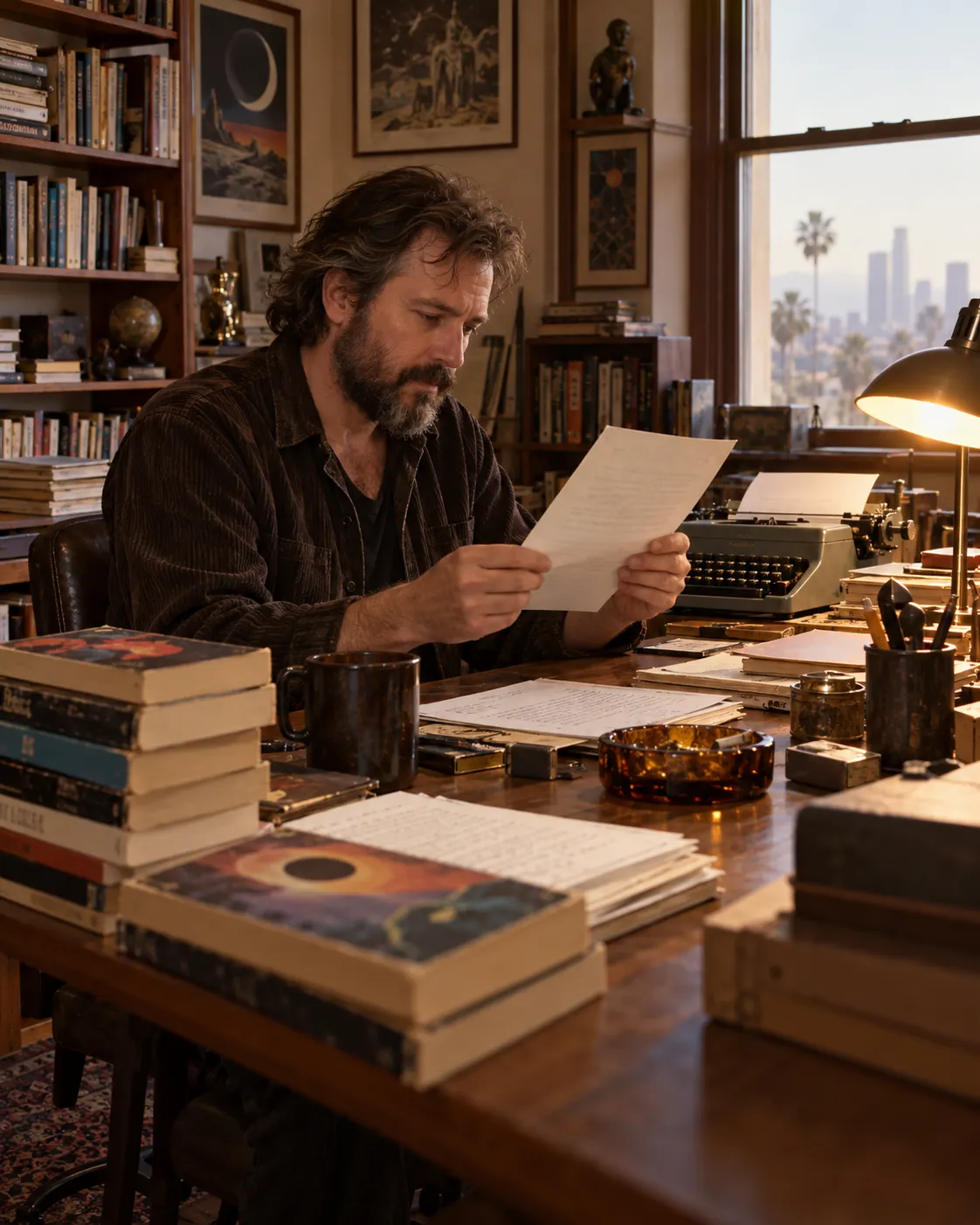 AI-generated editorial reconstruction of an anonymous science-fiction writer reading correspondence, not a depiction of Philip K. Dick or his office. Prompt: “Photorealistic editorial reconstruction of a mid-1970s writer’s study: anonymous adult science-fiction author at a desk reading a typed letter beside stacks of generic paperbacks, warm lamp light, shelves and typewriter, vertical 4:5. Do not depict or imitate Philip K. Dick or any real person. No readable titles, logos, or claim this is his actual office.” Generated 2026-10-19.