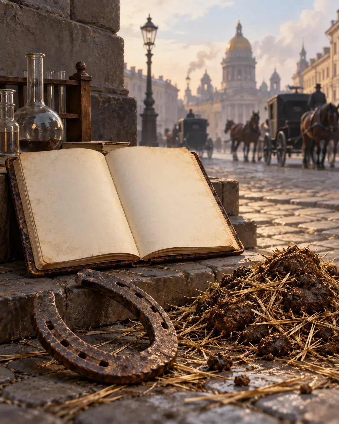 AI-generated symbolic still life with an old notebook, horseshoe, straw/manure, and a distant urban setting. No identifiable person or readable text. It is not a photograph, historical reconstruction, or documentary evidence. Creator: OpenAI image generation. Prompt summary: museum-style vertical editorial illustration about the popular claim, without depicting Mendeleev. No third-party media used; no external license or attribution applies.