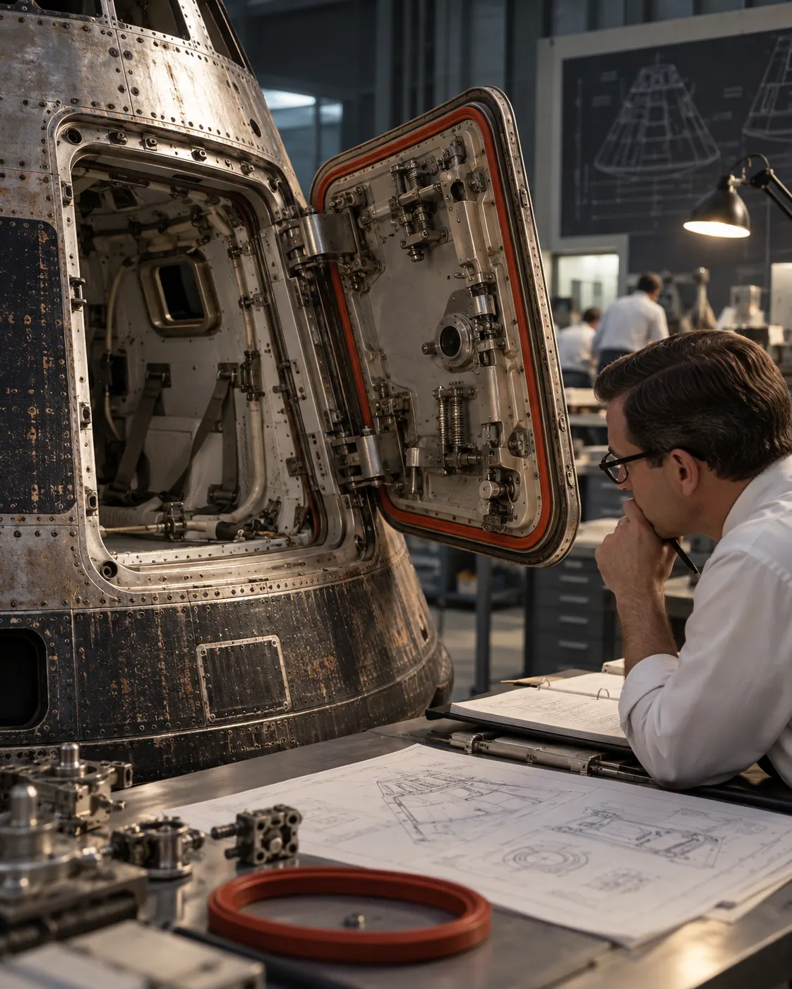 Symbolic AI-generated depiction of an Apollo-style hatch and engineering review; not an archival image and not evidence of an actual Apollo 1 design drawing. Generated 2026-10-19 with OpenAI image generation.