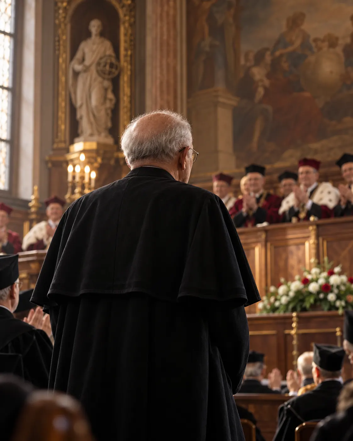 Титульна AI-згенерована ілюстрація / AI-generated cover illustration. A writer in a university ceremonial hall evokes Lem receiving honorary degrees; a symbolic reconstruction, not an authentic ceremony photograph.