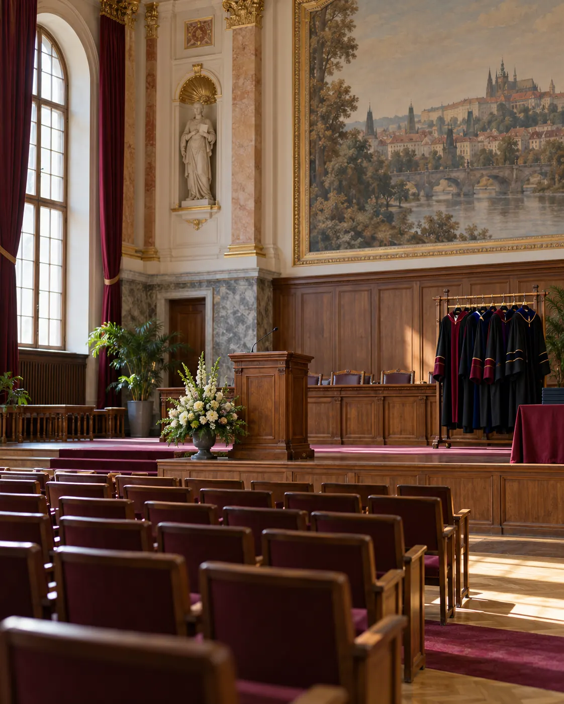 AI-generated editorial reconstruction of a historic university ceremonial hall prepared for an honorary doctorate ceremony.