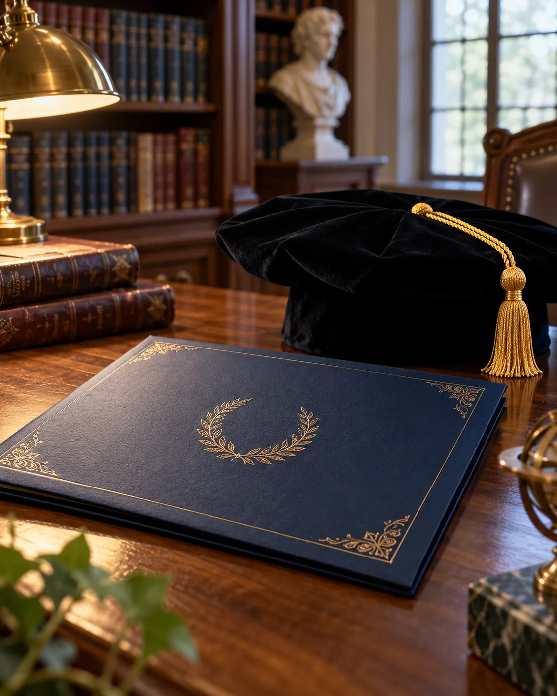 AI-generated symbolic still life of an honorary doctorate folder and academic cap, with no readable or institution-specific details.