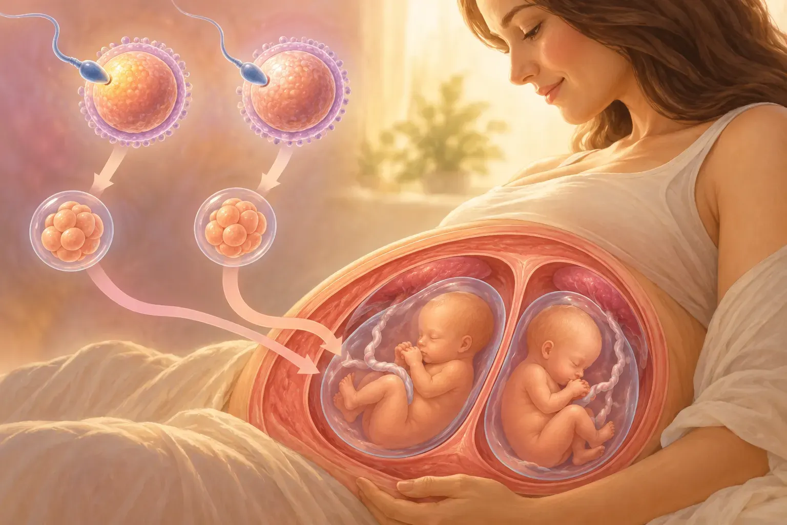 AI-generated conceptual cover showing fraternal twins and separate fertilization events; synthetic art, not a depiction of the people in the reported case. The original generation prompt and date were not preserved in the package.