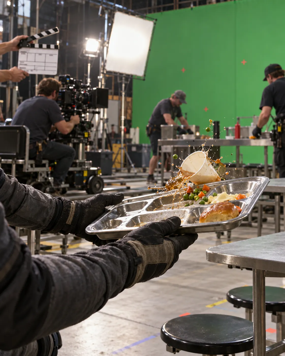 AI-generated symbolic set scene about repeating a tray-catching stunt; it does not show Tobey Maguire or Spider-Man.