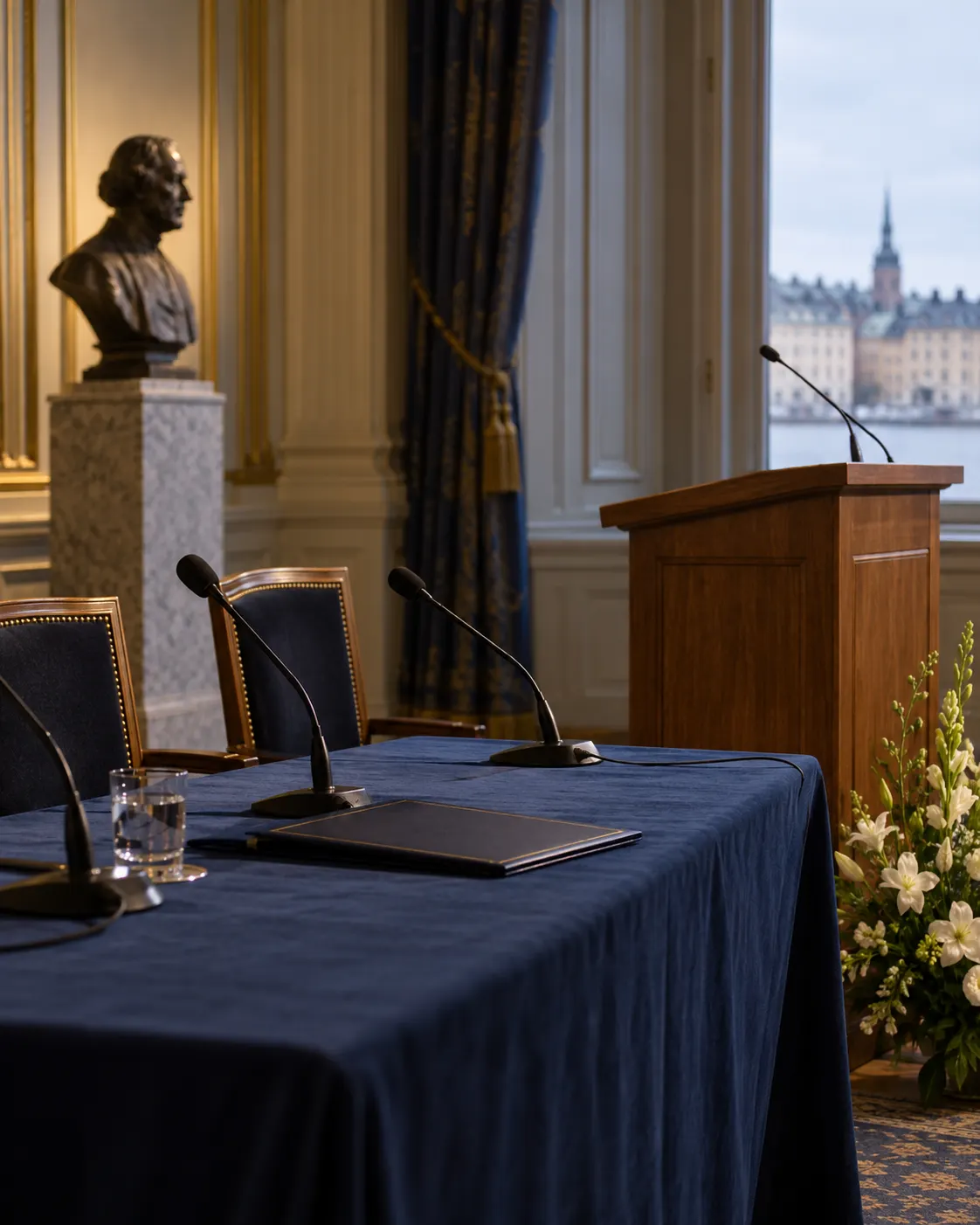 AI-generated editorial reconstruction (created 2026-10-19) of an unspecified Stockholm press room after an award announcement; not a documented Nobel press conference. Exact prompt: “Photorealistic editorial reconstruction of a quiet press room in Stockholm in October 2011 after a major science award announcement, empty lectern, microphones and a closed folder on a table, muted formal setting, vertical 4:5. Generic symbolic scene, not a documented Nobel press conference, no people, logos or readable text.”