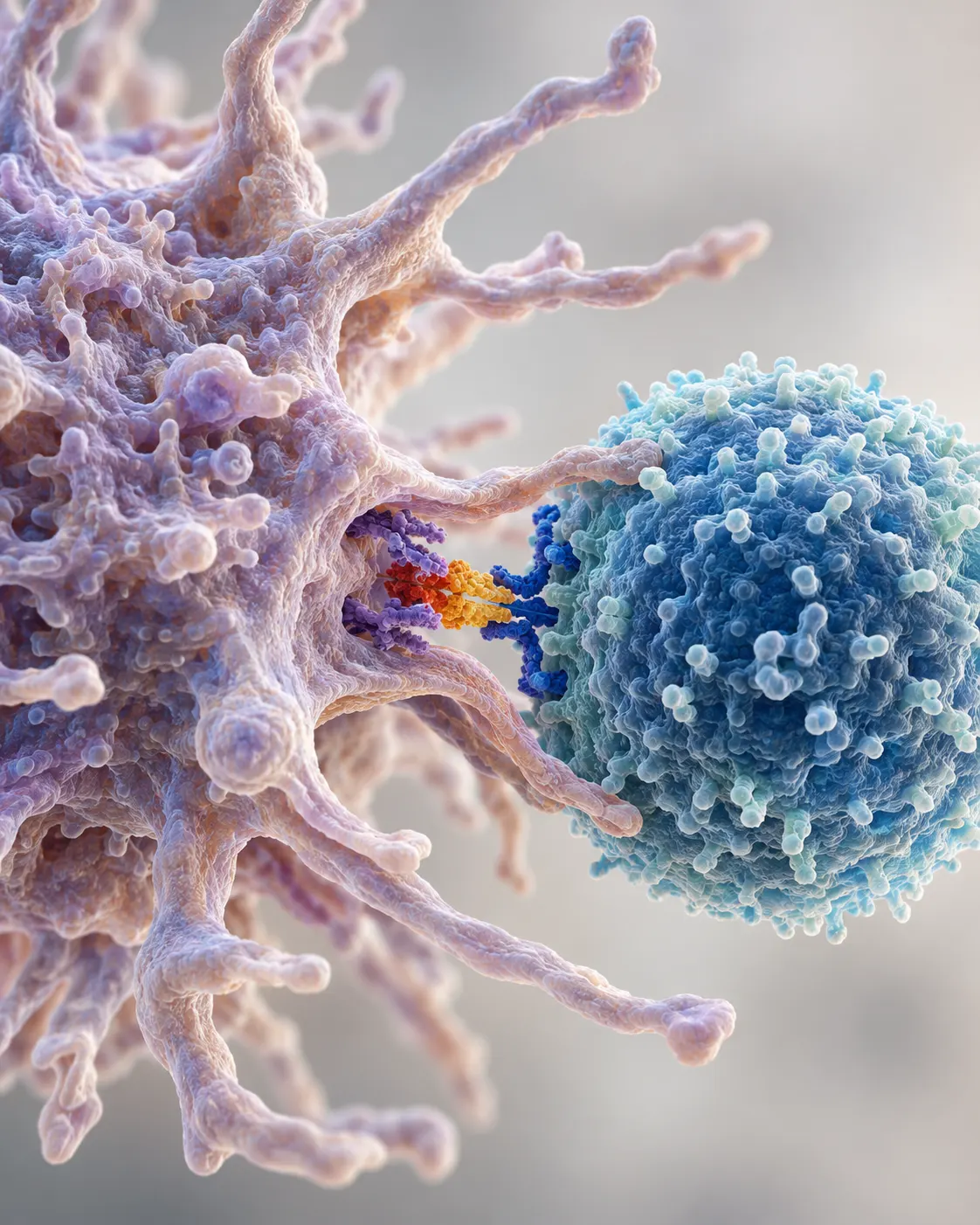 AI-generated scientific visualization (created 2026-10-19) of a generic dendritic cell presenting an antigen to a T lymphocyte. It is an educational illustration, not a microscope photograph or Steinman’s research material. Exact prompt: “Photorealistic editorial scientific visualization of a dendritic cell presenting an antigen to a T lymphocyte, close-up cell biology image with realistic branching dendritic cell surface contacting a round immune cell, clean neutral background, vertical 4:5. Educational illustration, not a microscope photograph, no labels, text, or claims of actual Steinman research material.”