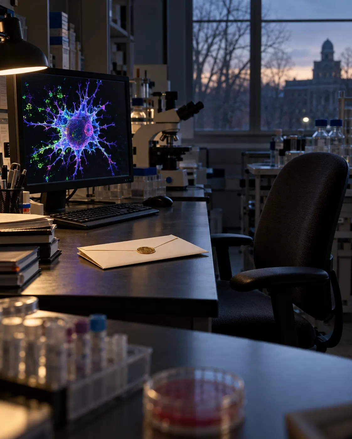 AI-generated cover image (created 2026-10-19), symbolically pairing dendritic-cell imagery with an empty chair and sealed award letter. It is not a documentary scene or a portrait of Ralph Steinman. Exact prompt: “Photorealistic editorial cover about Nobel laureate Ralph Steinman being announced after his death: a dendritic-cell microscope image on a research monitor beside an empty desk chair and a sealed award letter, quiet 2011 laboratory, vertical 4:5. Symbolic respectful still life, no image of Steinman, no readable text or logos.”