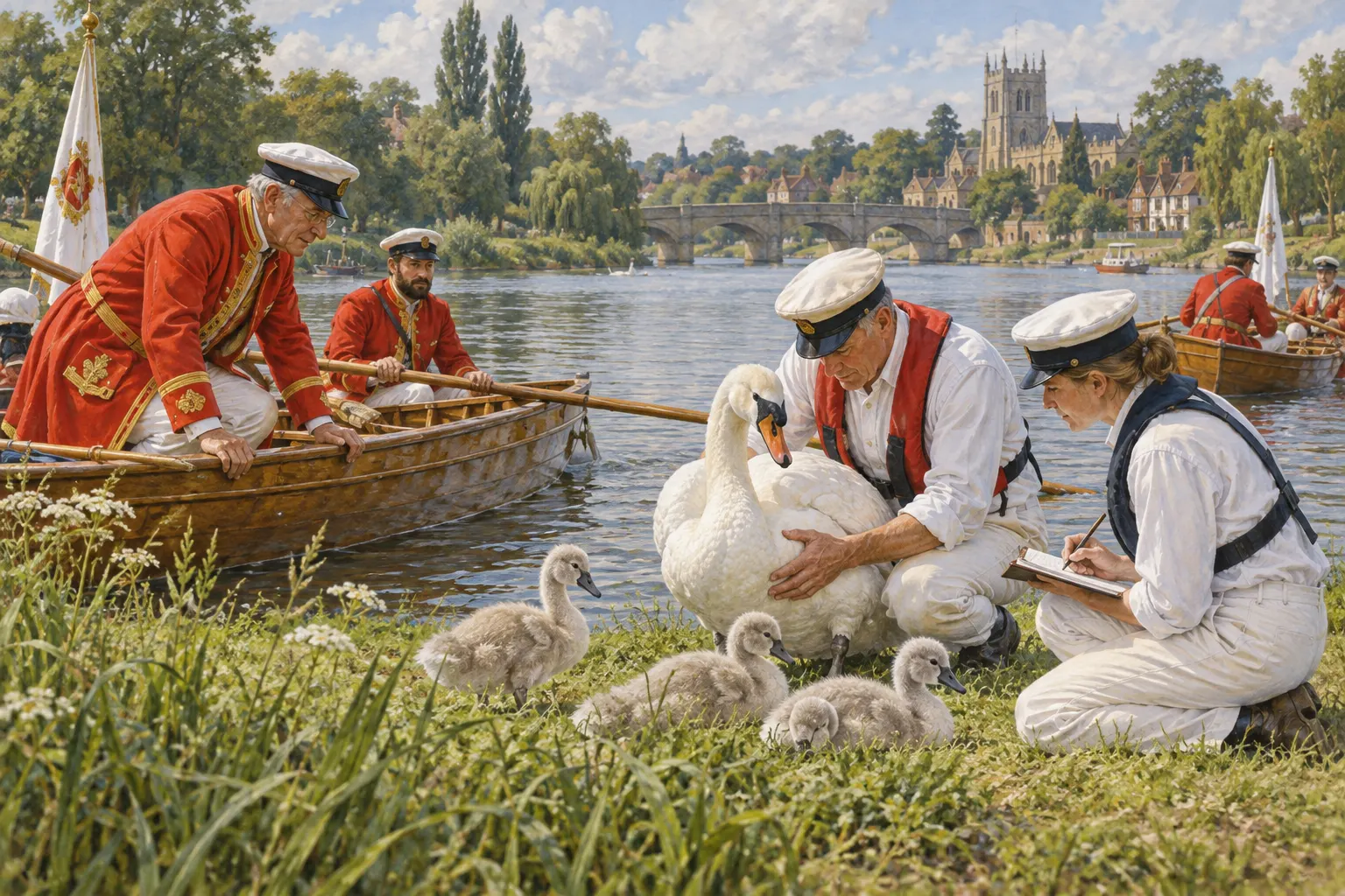 original AI-generated illustration of a mute swan family being checked near traditional boats on the Thames. Created 2026-10-13 with the image-generation tool from the prompt: “Create a dignified historical-natural-history illustration of a family of mute swans being gently examined beside traditional rowing skiffs on the River Thames during a swan-counting ceremony. Show a calm modern conservation survey, no harming birds. Accurate mute swan appearance, traditional wooden boats, English riverbank landscape. Editorial museum illustration style, clearly illustrative rather than a photograph, no text, no modern logos, no watermark, horizontal 3:2 composition.” Synthetic illustration; not a documentary depiction of a particular year's Swan Upping. No third-party license or attribution applies.
