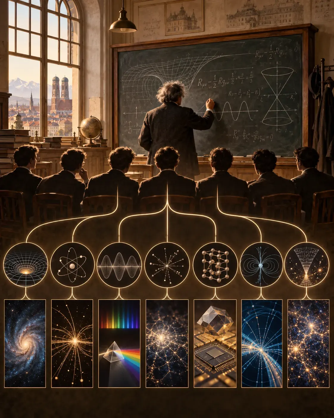 AI-ілюстрація OpenAI ImageGen: умовна університетська школа фізики з учнями й науковими зв’язками. Не зображує конкретних осіб або реальну подію; не є фото чи документальним свідченням. Позначати як AI-generated.