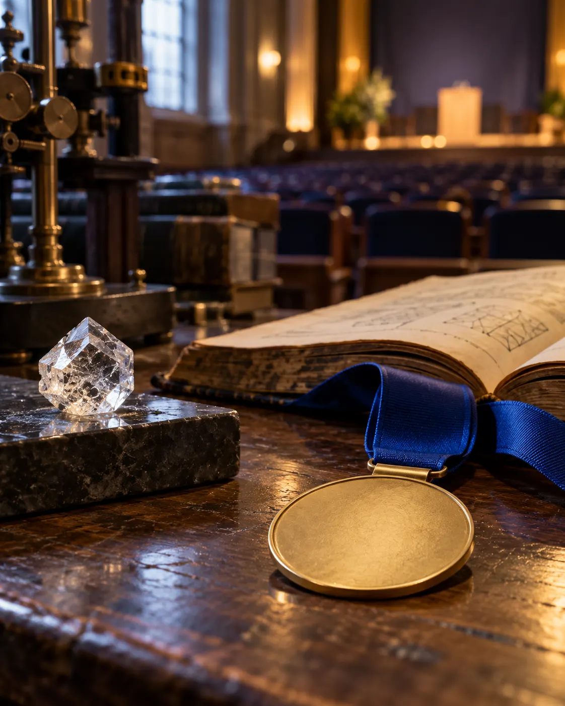 AI-generated cover image (created 2026-10-19), using a crystal, book and blank medal ribbon to evoke the age-related milestone; it contains no fabricated portraits. Exact prompt: “Photorealistic editorial cover about William Lawrence Bragg as the youngest Physics Nobel laureate and later Malala Yousafzai as youngest laureate overall: a small crystal on a physics lab bench beside a blank medal ribbon and an open age-worn book, with a distant auditorium seat softly lit, vertical 4:5. Generic symbolic still life, no portraits, no readable text or logos.”