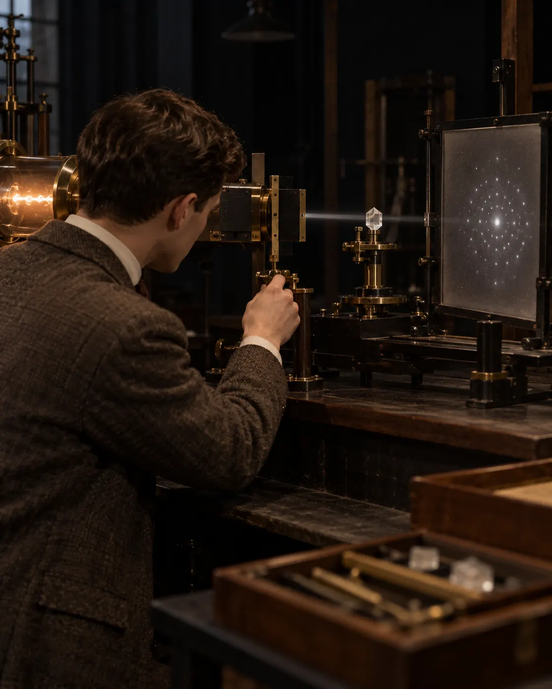 AI-generated editorial reconstruction (created 2026-10-19) of an anonymous young physicist working with an early X-ray crystallography apparatus; not a photograph of Bragg. Exact prompt: “Photorealistic editorial reconstruction of an early 20th-century X-ray crystallography experiment: a young anonymous physicist in period clothing adjusting a brass instrument aimed at a small crystal, darkened laboratory with a faint diffraction pattern visible on a photographic plate, vertical 4:5. Illustrative reconstruction, not a photograph of William Lawrence Bragg, no readable text or labels.”